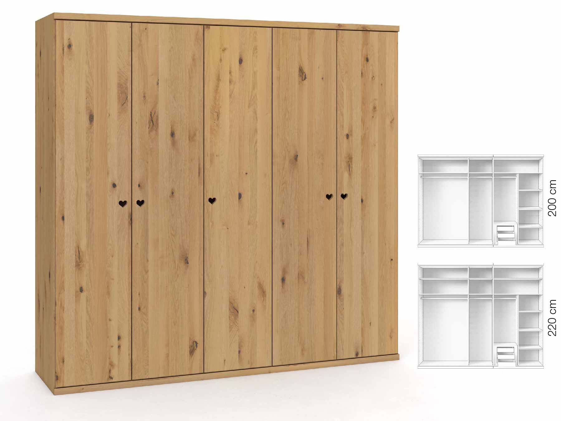Wildeichenschrank Hell „Romana“, 5-türig, Höhe 220 cm, Griffausführung „Heidi“, Inneneinrichtung: D