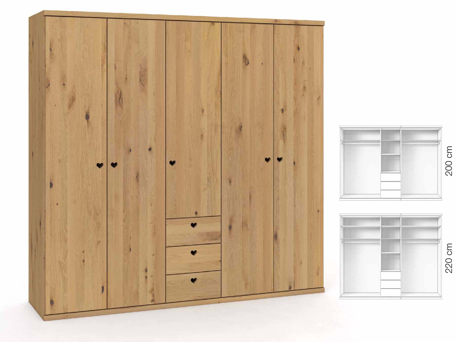 Wildeichenschrank Hell „Romana“, 5-türig, Höhe 220 cm, Griffausführung „Heidi“, Inneneinrichtung: E