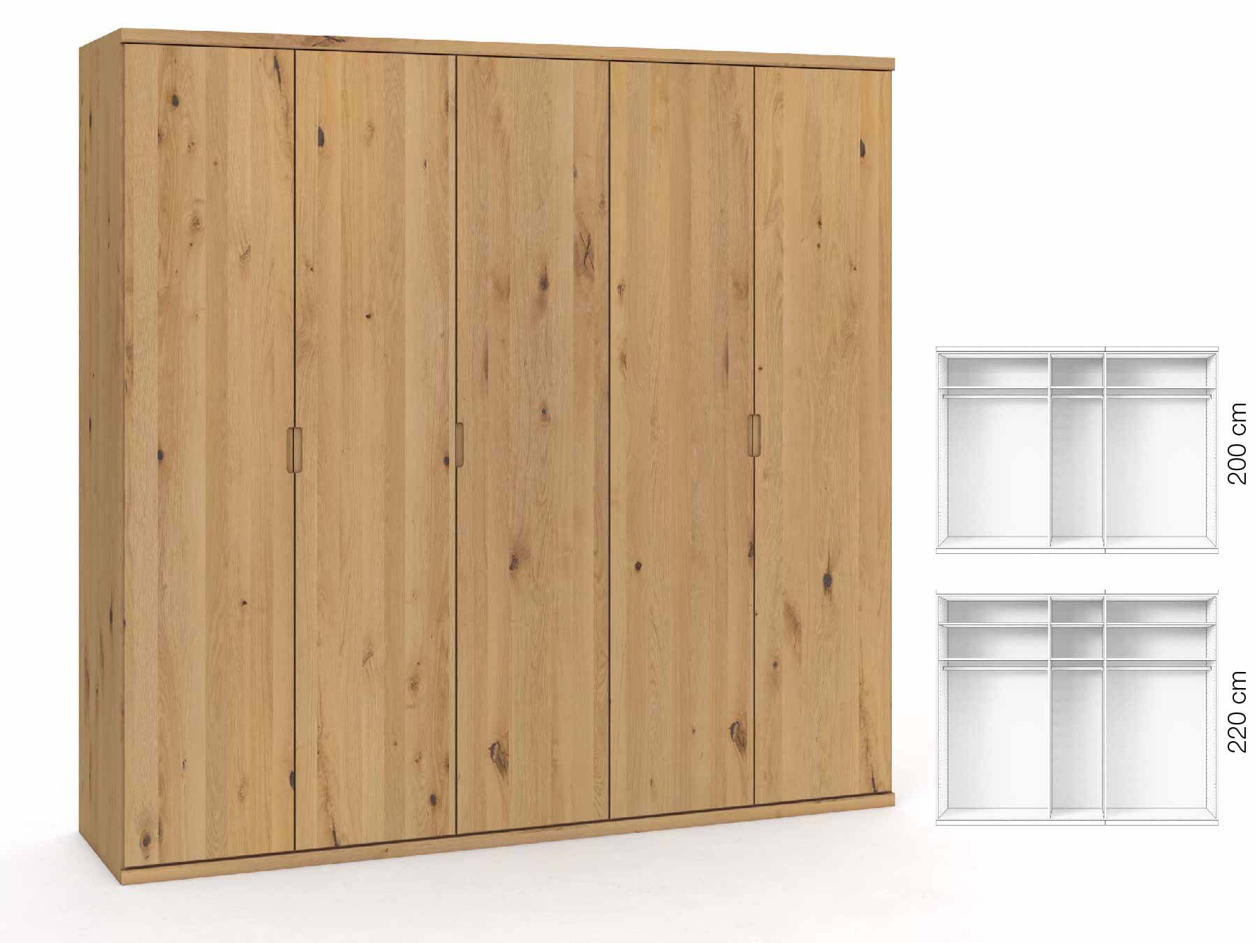 Wildeichenschrank Hell „Romana“, 5-türig, Höhe 220 cm, Griffausführung „Lukas“, Inneneinrichtung: A