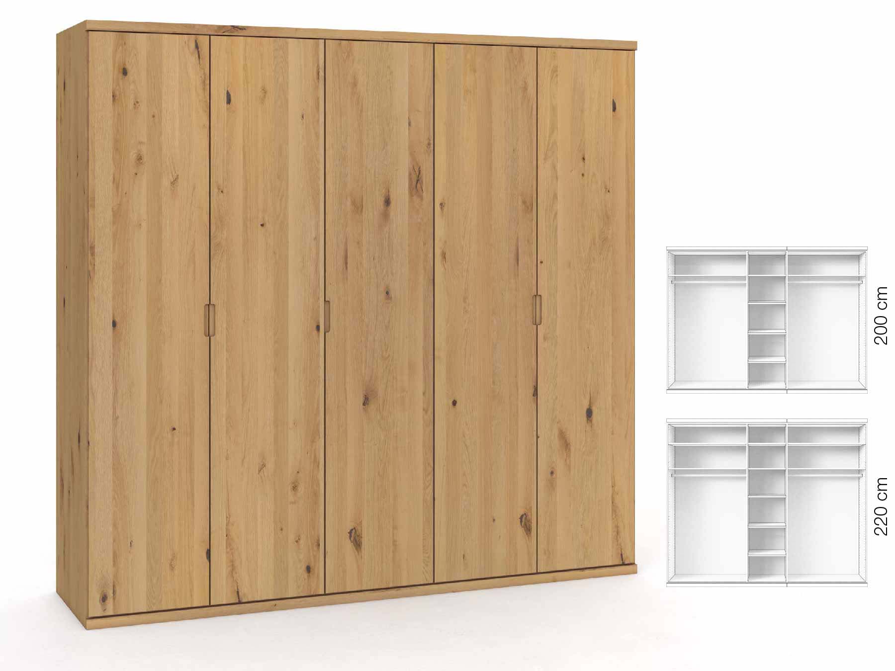 Wildeichenschrank Hell „Romana“, 5-türig, Höhe 220 cm, Griffausführung „Lukas“, Inneneinrichtung: B