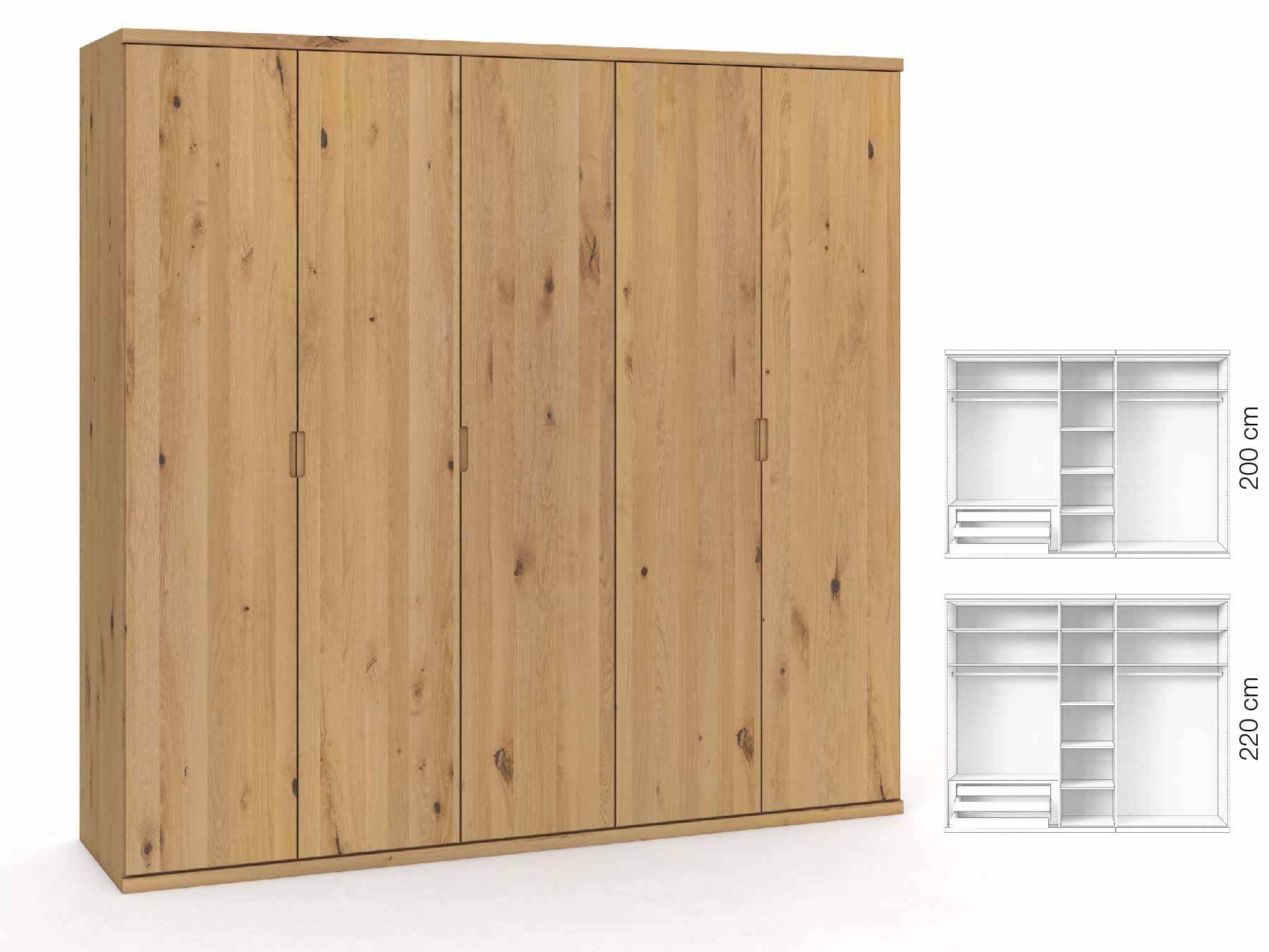 Wildeichenschrank Hell „Romana“, 5-türig, Höhe 220 cm, Griffausführung „Lukas“, Inneneinrichtung: C