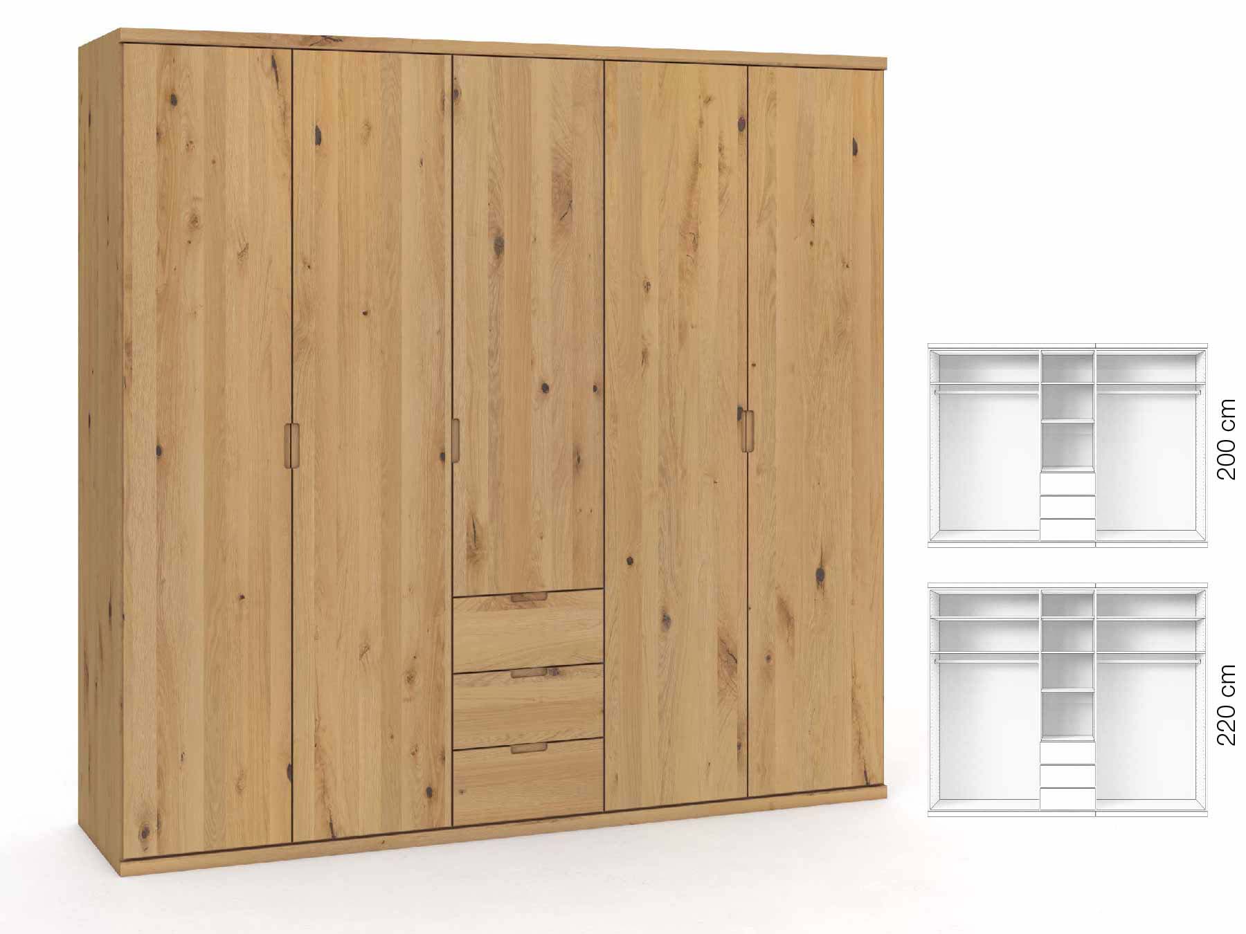 Wildeichenschrank Hell „Romana“, 5-türig, Höhe 220 cm, Griffausführung „Lukas“, Inneneinrichtung: E