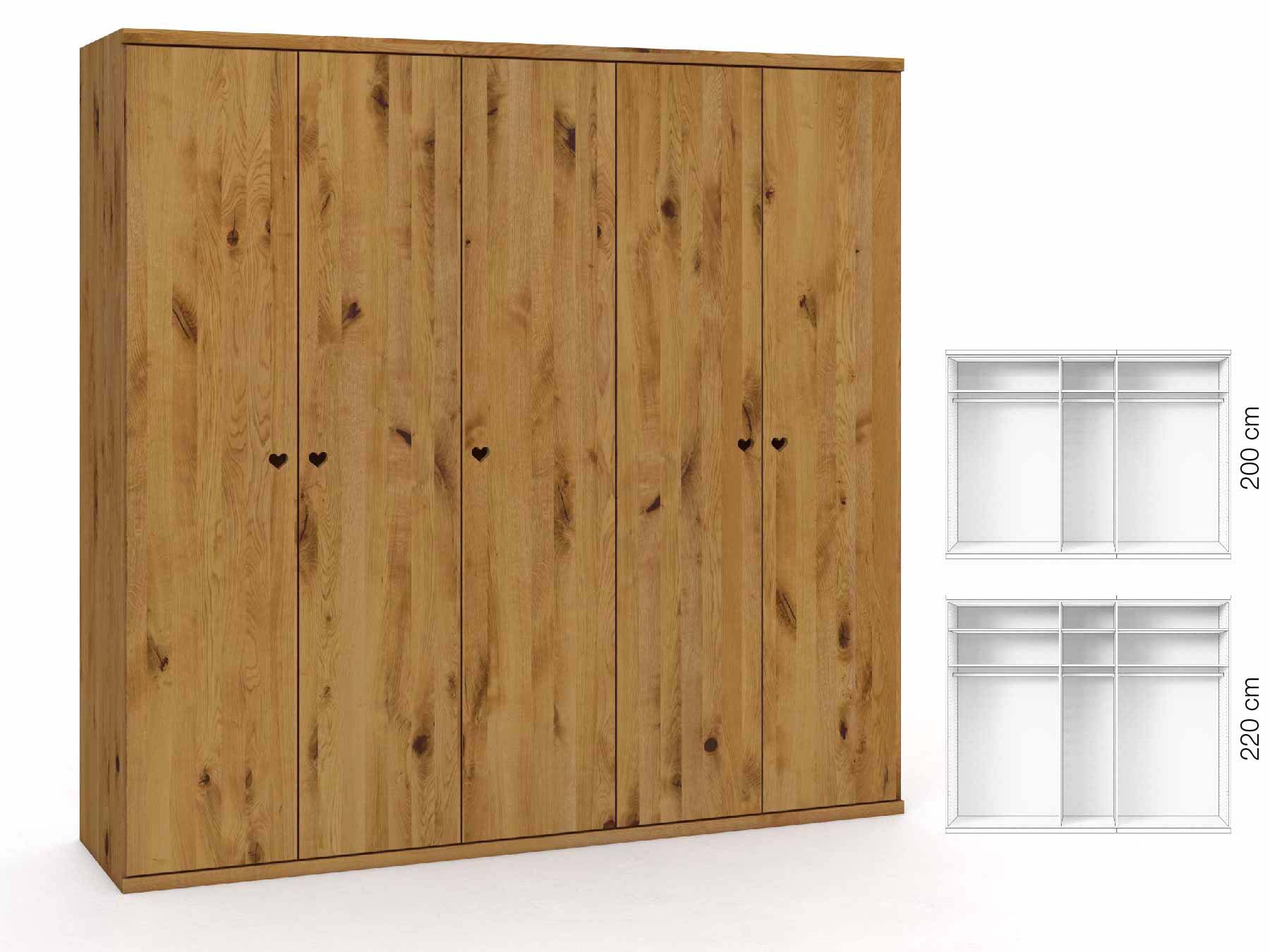 Wildeichenschrank „Romana“, 5-türig, Höhe 220 cm, Griffausführung „Heidi“, Inneneinrichtung: A