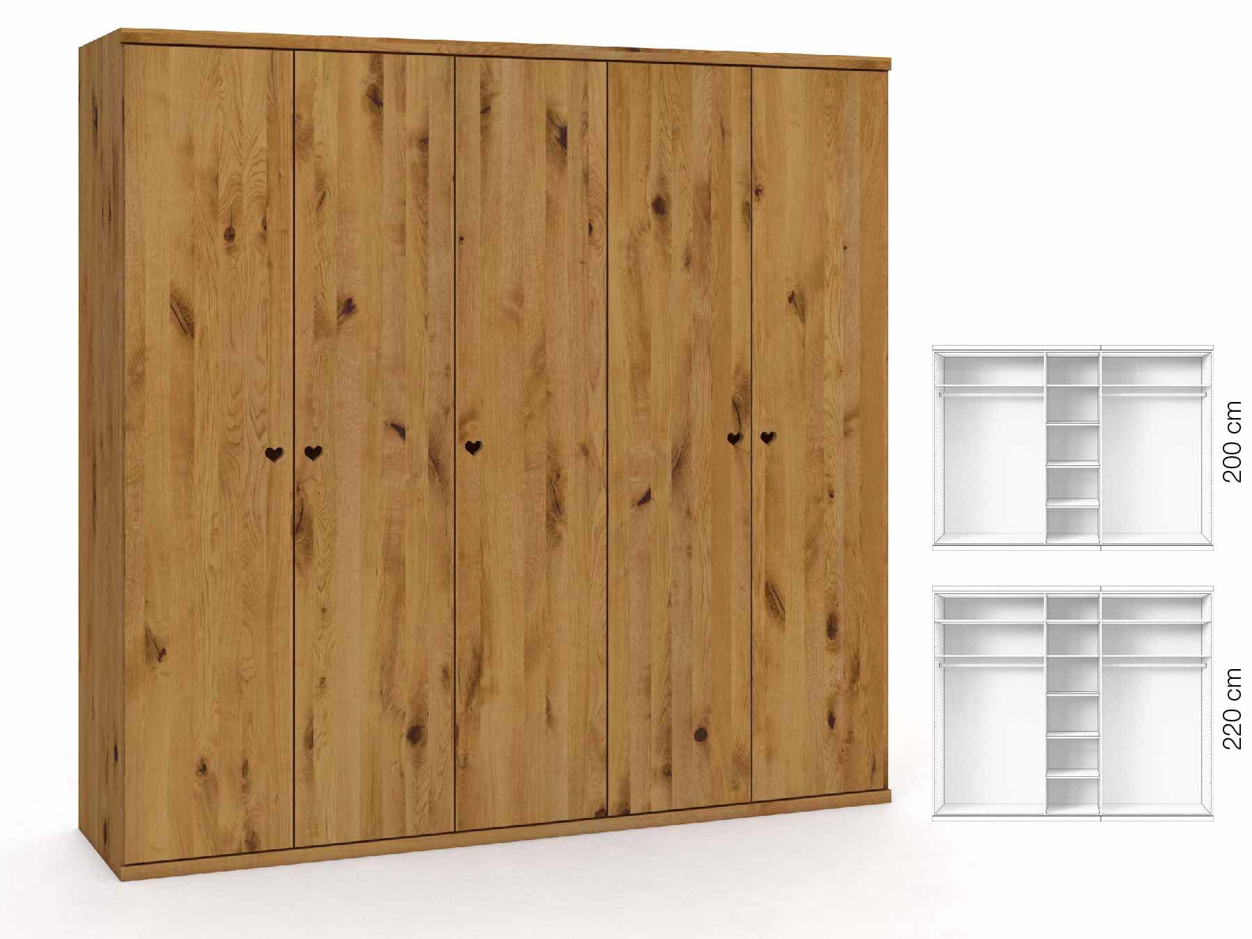 Wildeichenschrank „Romana“, 5-türig, Höhe 220 cm, Griffausführung „Heidi“, Inneneinrichtung: B