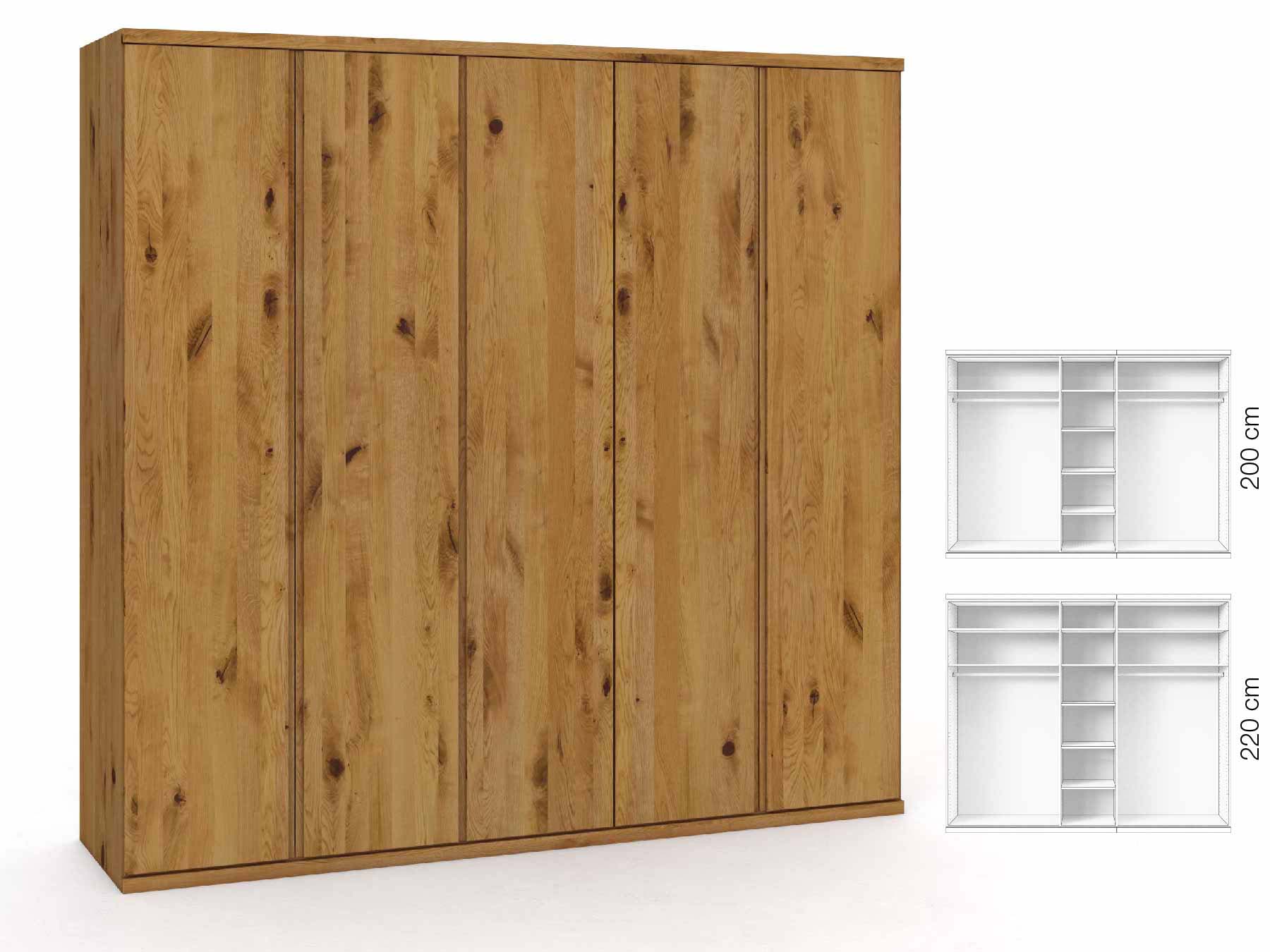 Wildeichenschrank „Romana“, 5-türig, Höhe 220 cm, Griffausführung „Patrizia“, Inneneinrichtung: B