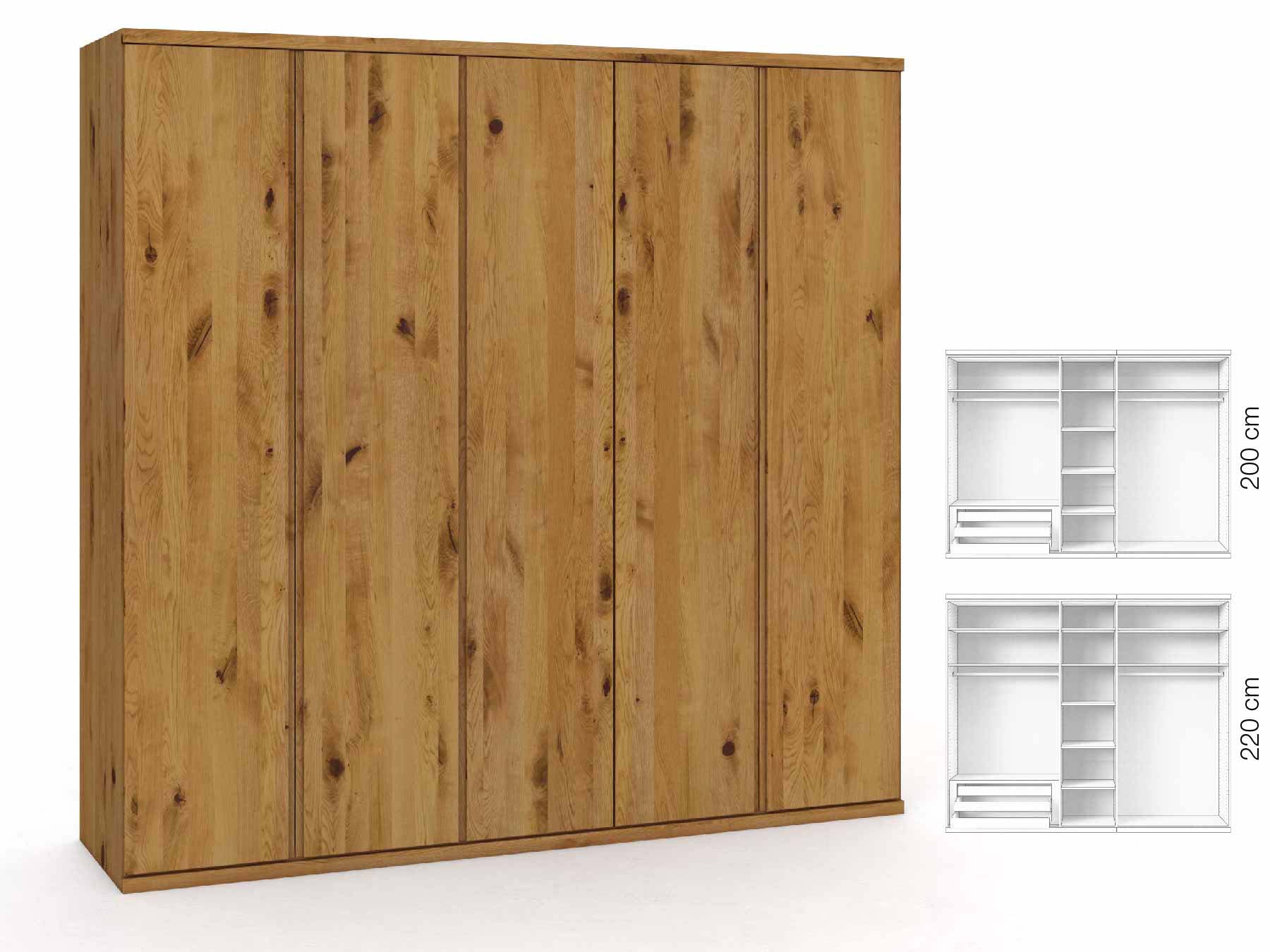 Wildeichenschrank „Romana“, 5-türig, Höhe 220 cm, Griffausführung „Patrizia“, Inneneinrichtung: C