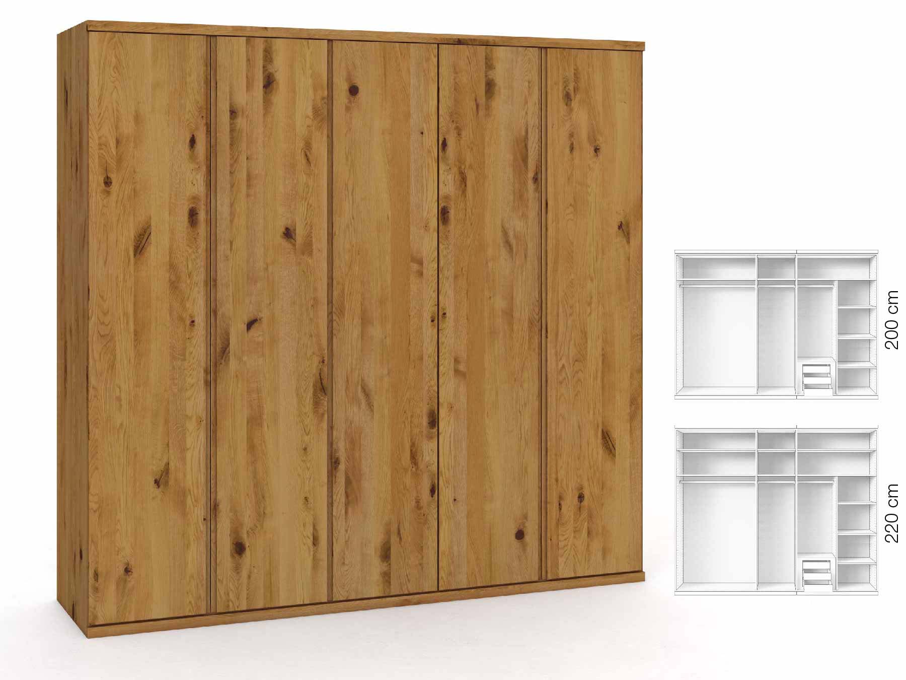 Wildeichenschrank „Romana“, 5-türig, Höhe 220 cm, Griffausführung „Patrizia“, Inneneinrichtung: D