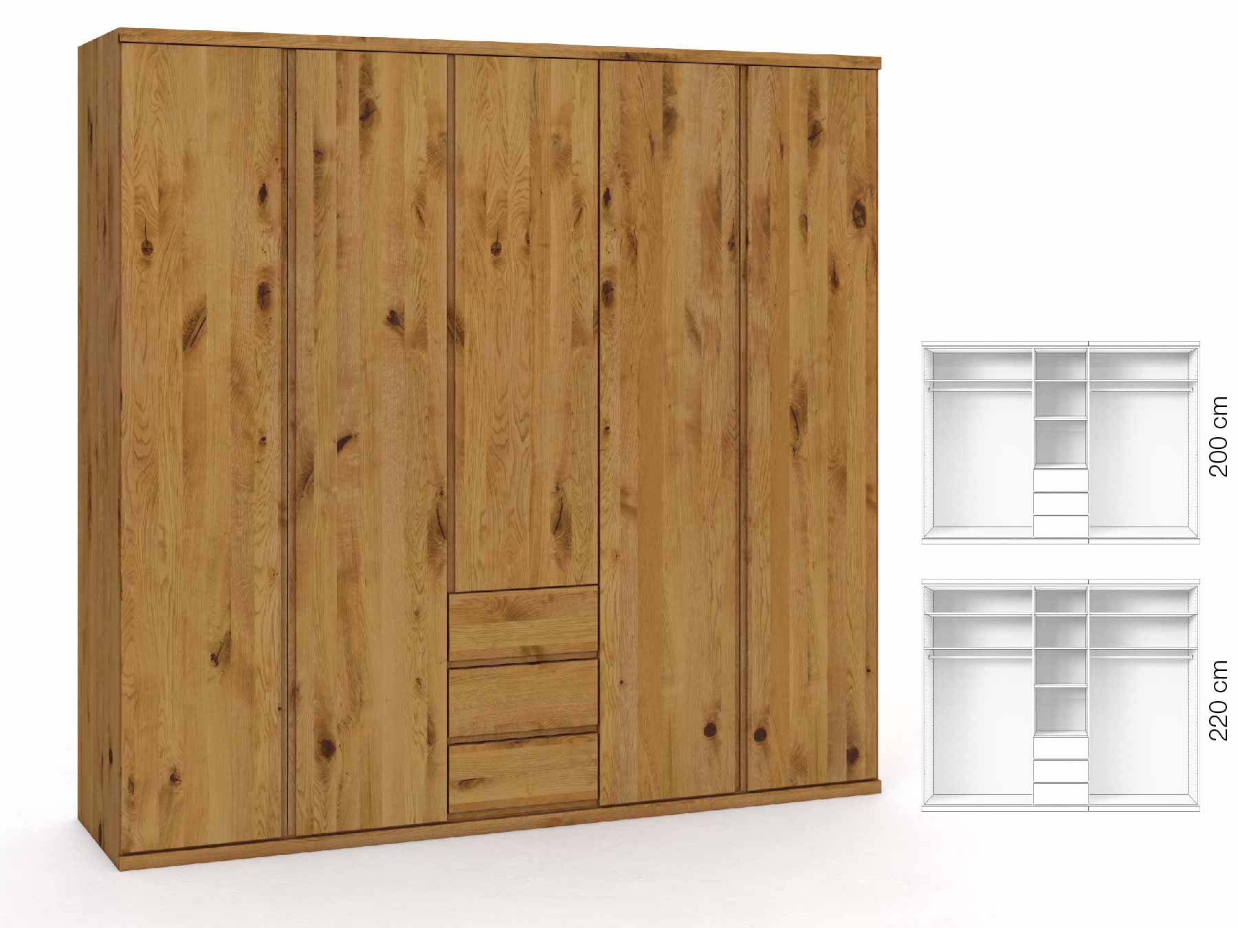 Wildeichenschrank „Romana“, 5-türig, Höhe 220 cm, Griffausführung „Patrizia“, Inneneinrichtung: E