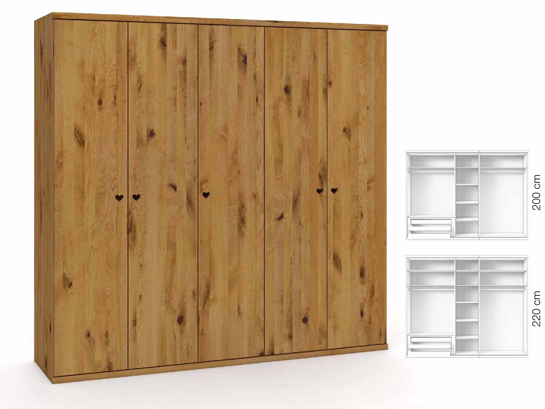 Wildeichenschrank „Romana“, 5-türig, Höhe 220 cm, Griffausführung „Heidi“, Inneneinrichtung: C