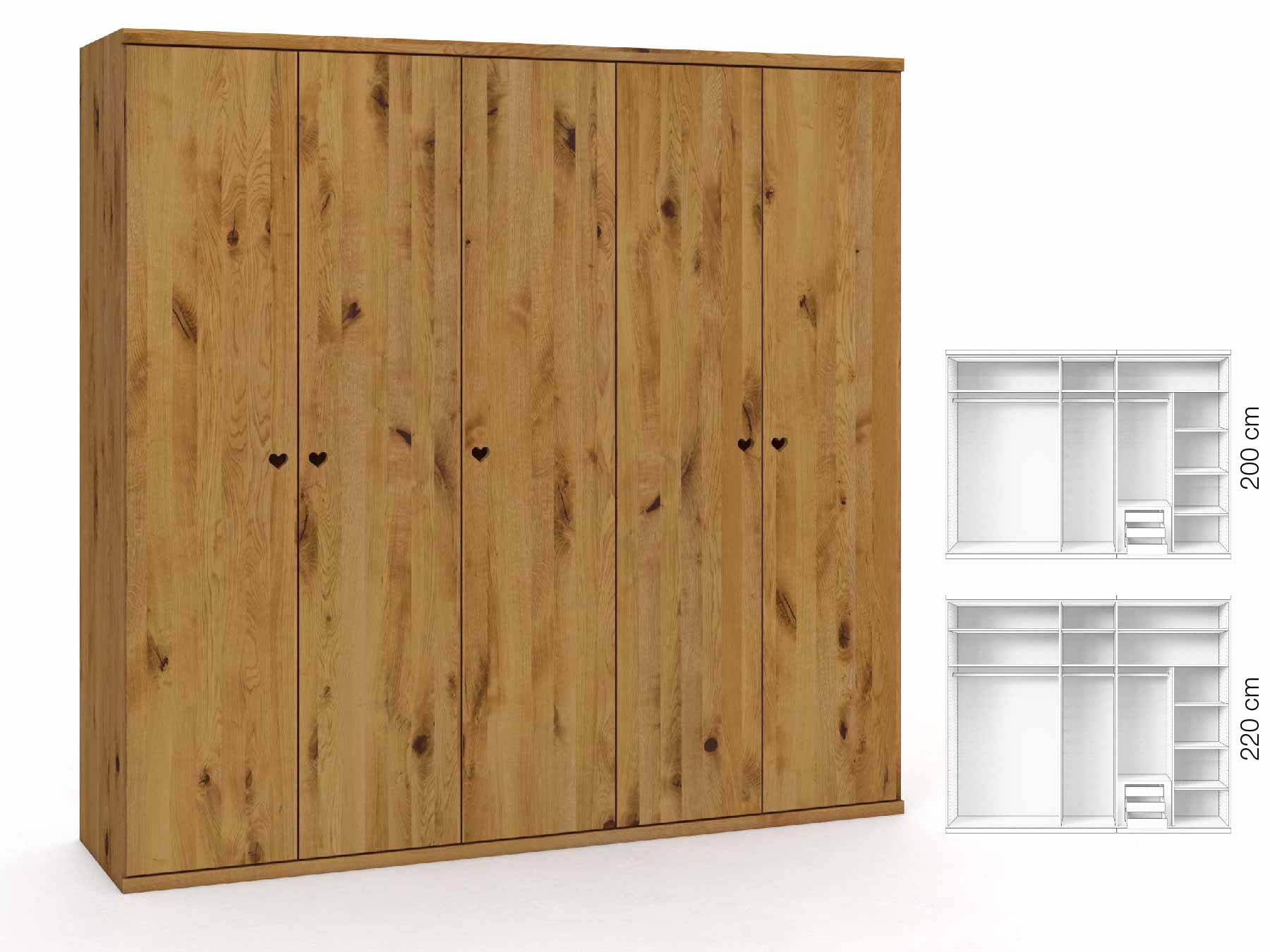Wildeichenschrank „Romana“, 5-türig, Höhe 220 cm, Griffausführung „Heidi“, Inneneinrichtung: D