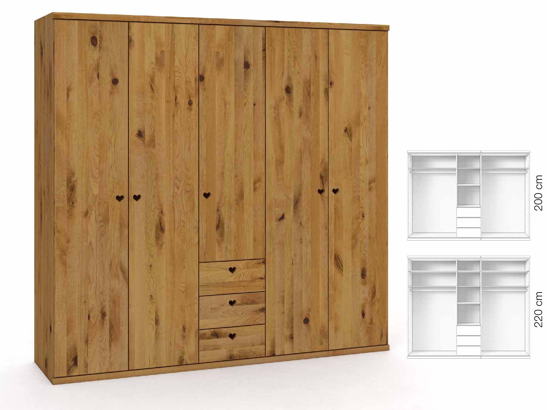 Wildeichenschrank „Romana“, 5-türig, Höhe 220 cm, Griffausführung „Heidi“, Inneneinrichtung: E