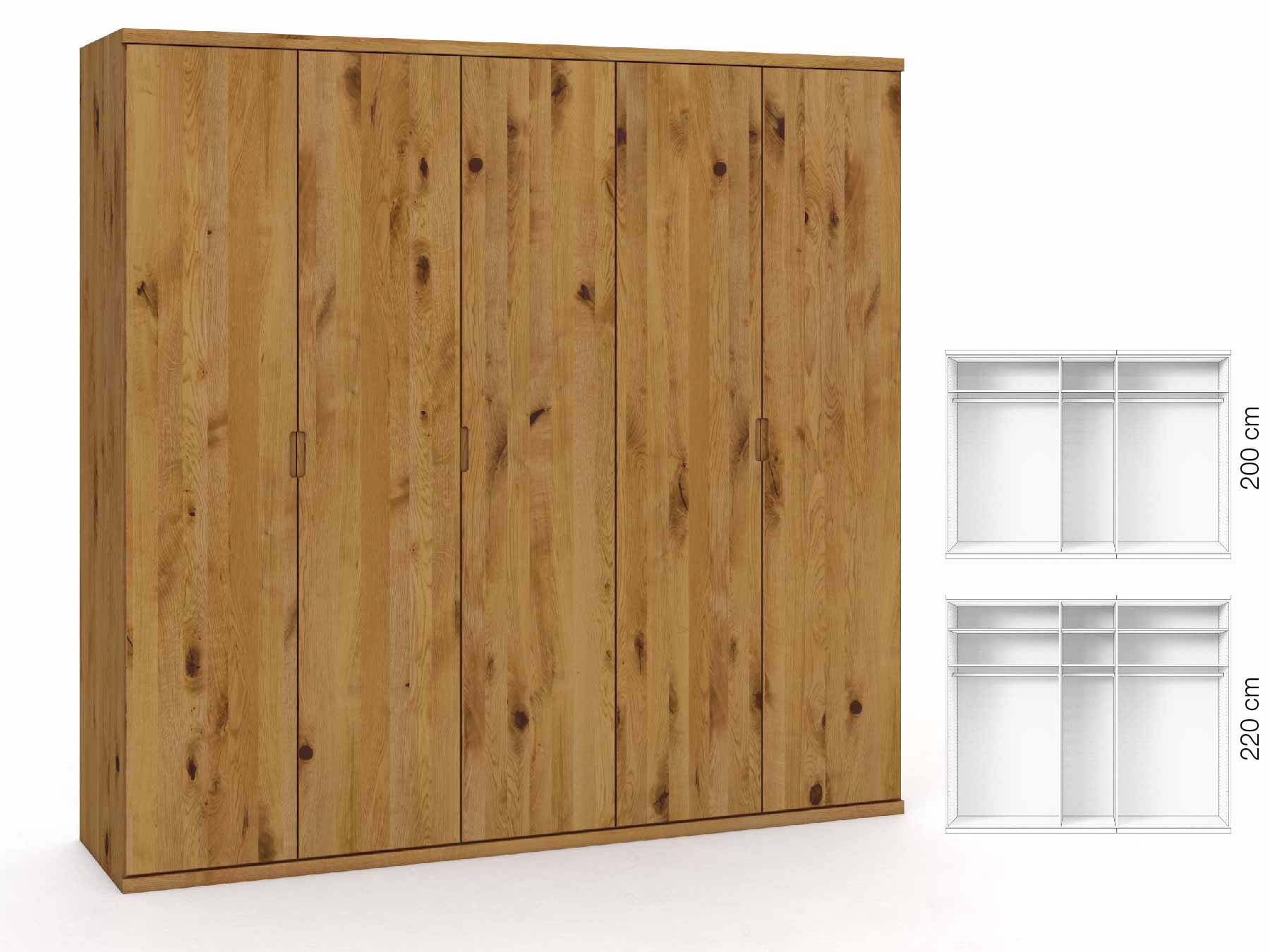 Wildeichenschrank „Romana“, 5-türig, Höhe 220 cm, Griffausführung „Lukas“, Inneneinrichtung: A