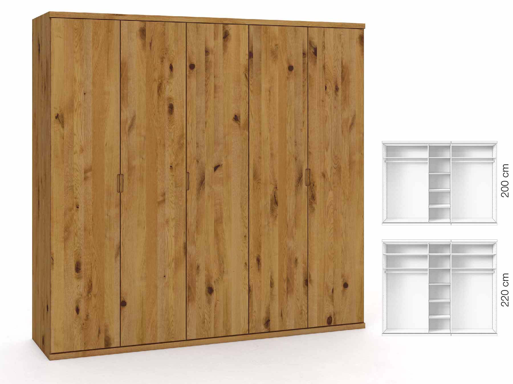 Wildeichenschrank „Romana“, 5-türig, Höhe 220 cm, Griffausführung „Lukas“, Inneneinrichtung: B
