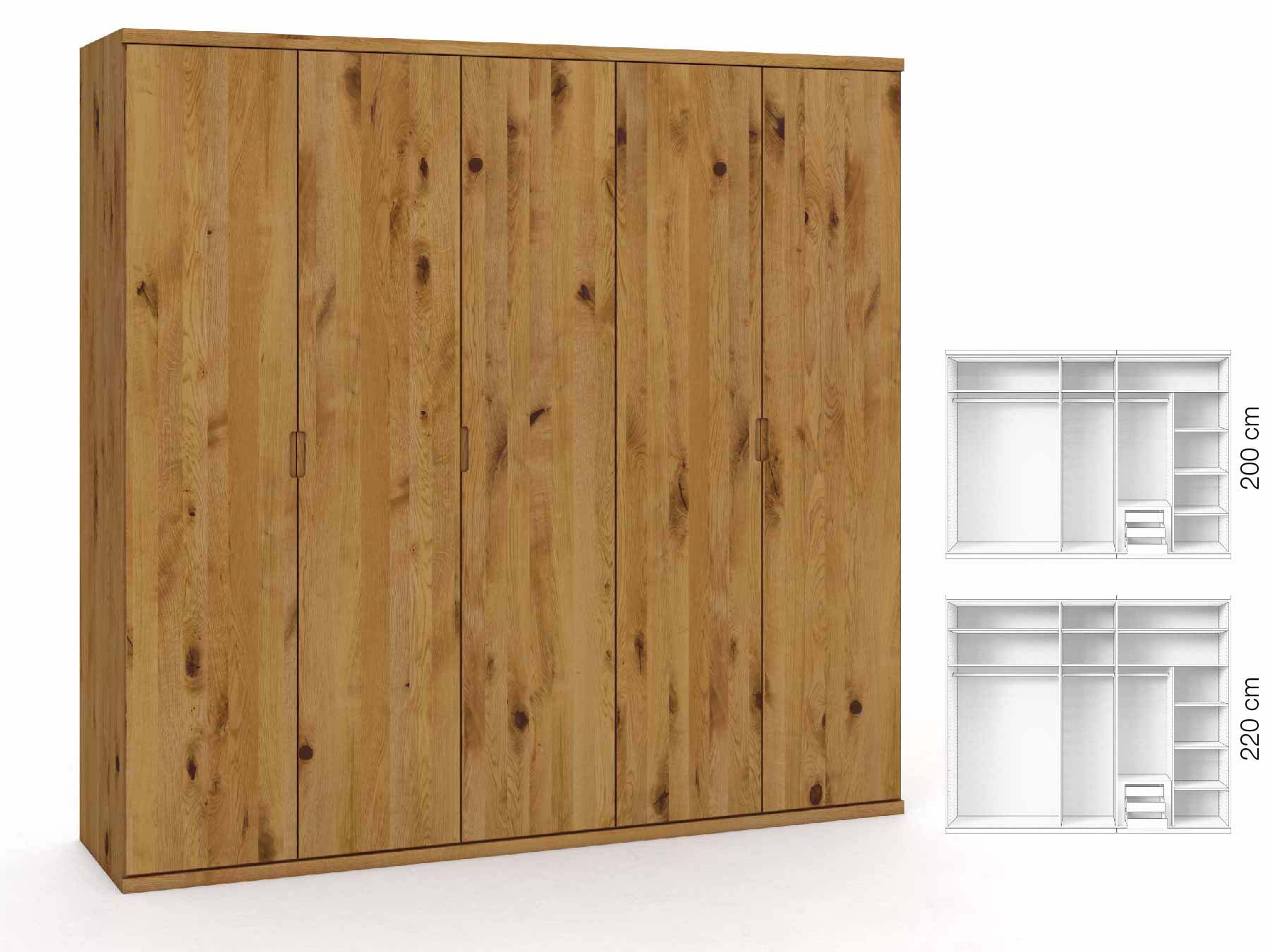 Wildeichenschrank „Romana“, 5-türig, Höhe 220 cm, Griffausführung „Lukas“, Inneneinrichtung: D