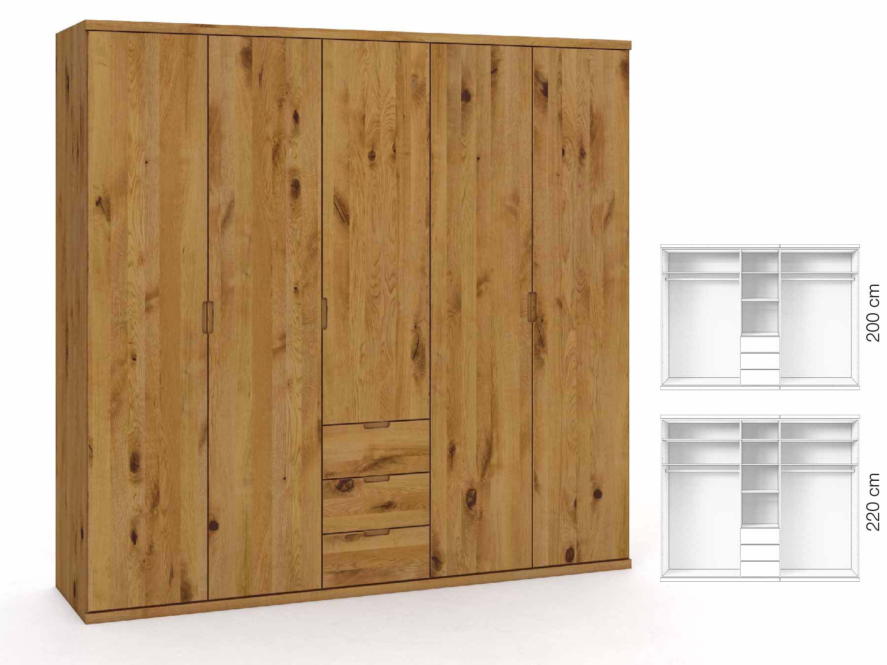 Wildeichenschrank „Romana“, 5-türig, Höhe 220 cm, Griffausführung „Lukas“, Inneneinrichtung: E