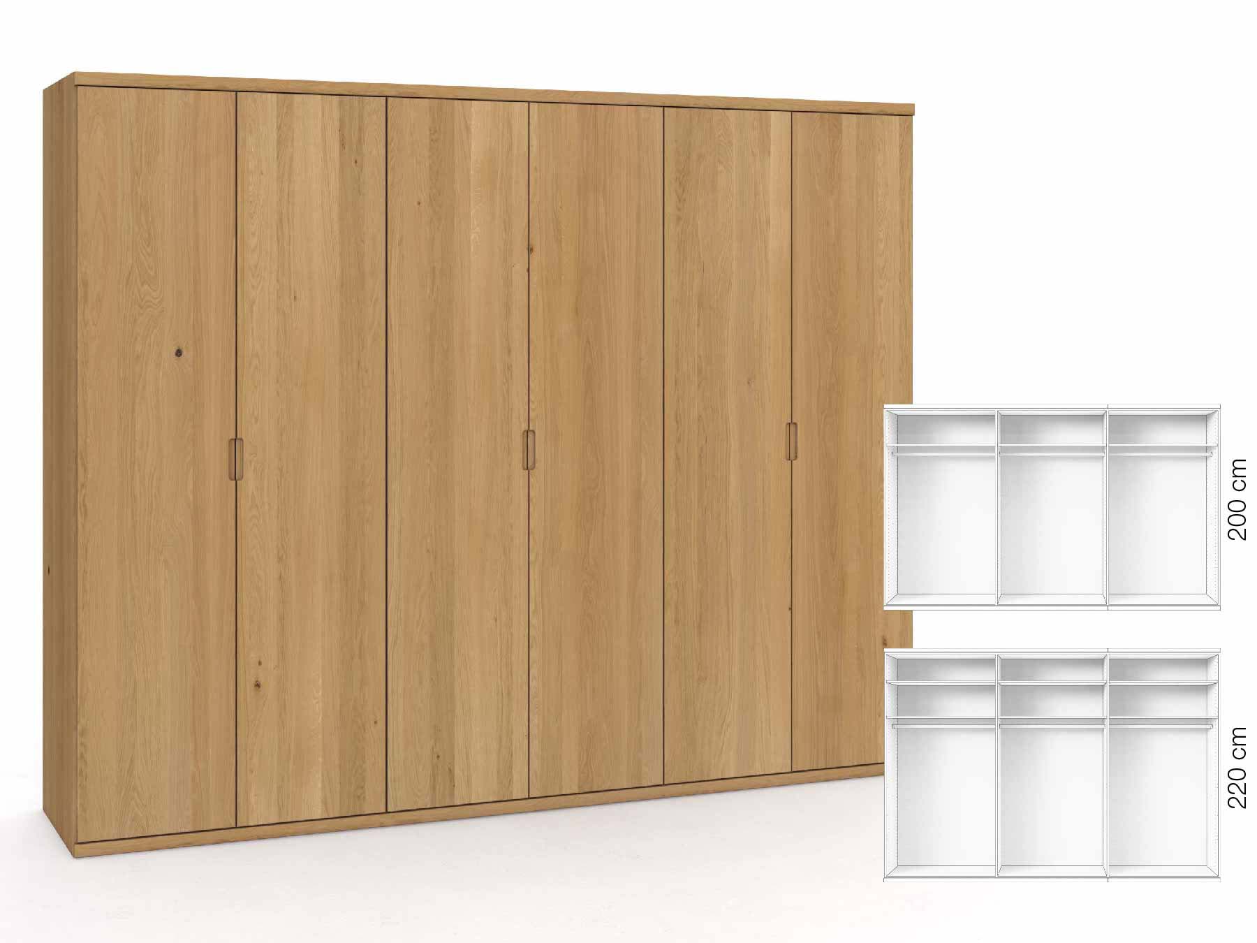 Eichenschrank Hell „Romana“, 6-türig, Höhe 220 cm, Griffausführung „Lukas“, Inneneinrichtung: A