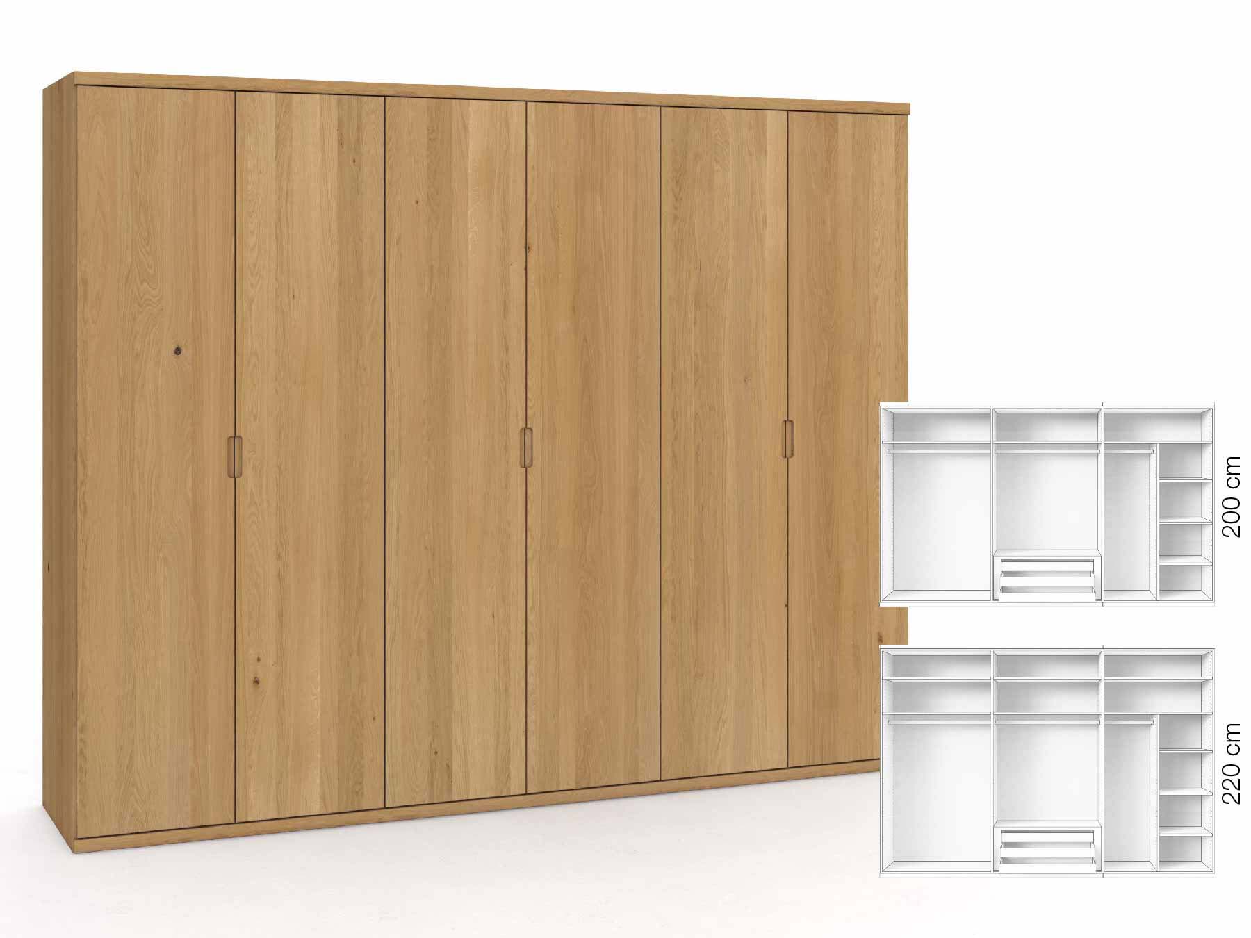 Eichenschrank Hell „Romana“, 6-türig, Höhe 220 cm, Griffausführung „Lukas“, Inneneinrichtung: B