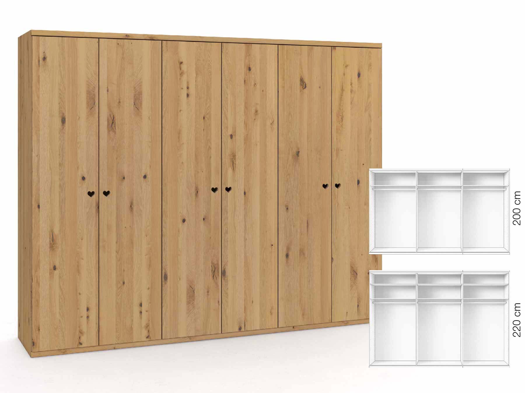 Wildeichenschrank Hell „Romana“, 6-türig, Höhe 220 cm, Griffausführung „Heidi“, Inneneinrichtung: A