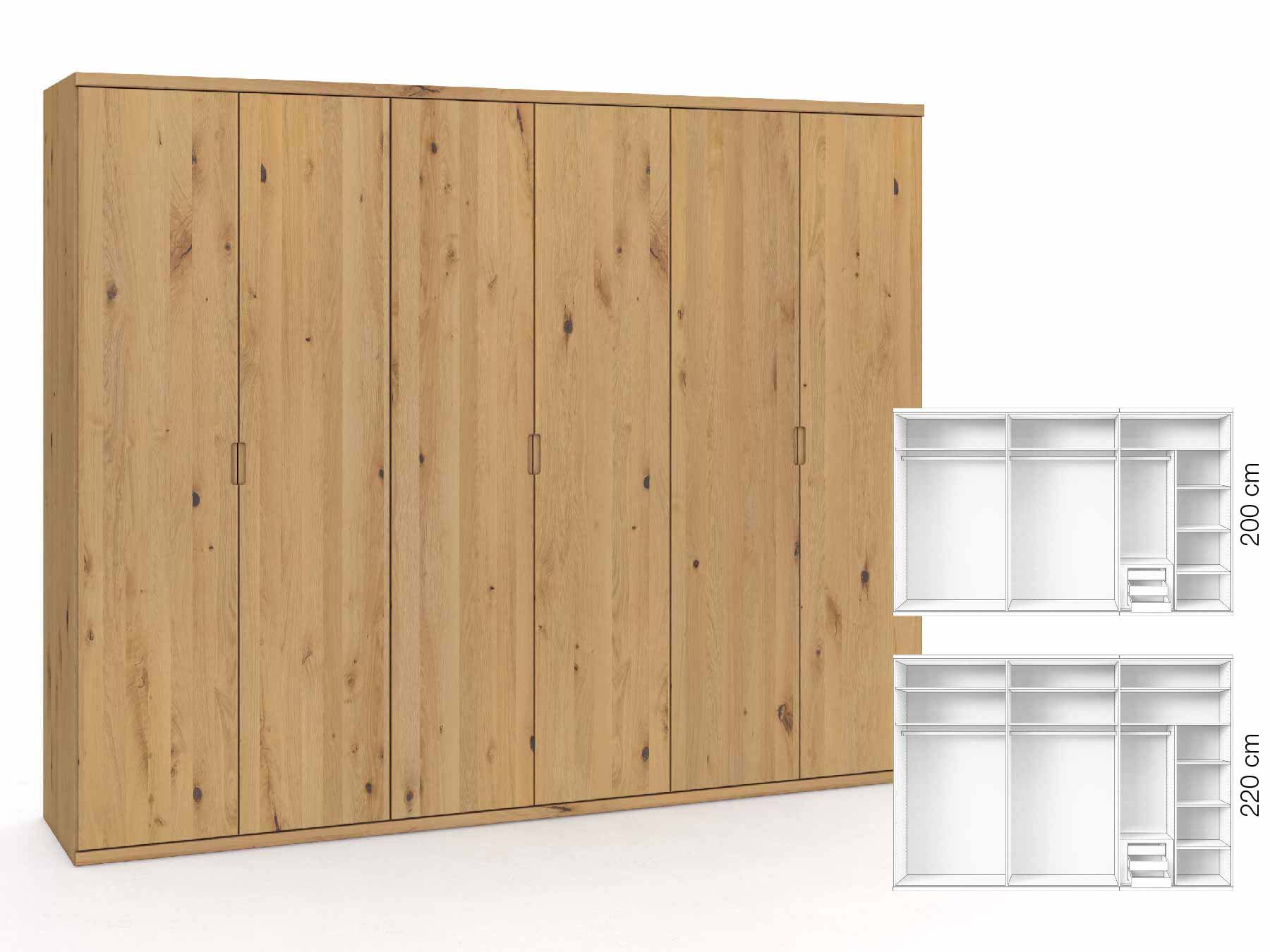 Wildeichenschrank Hell „Romana“, 6-türig, Höhe 220 cm, Griffausführung „Lukas“, Inneneinrichtung: C