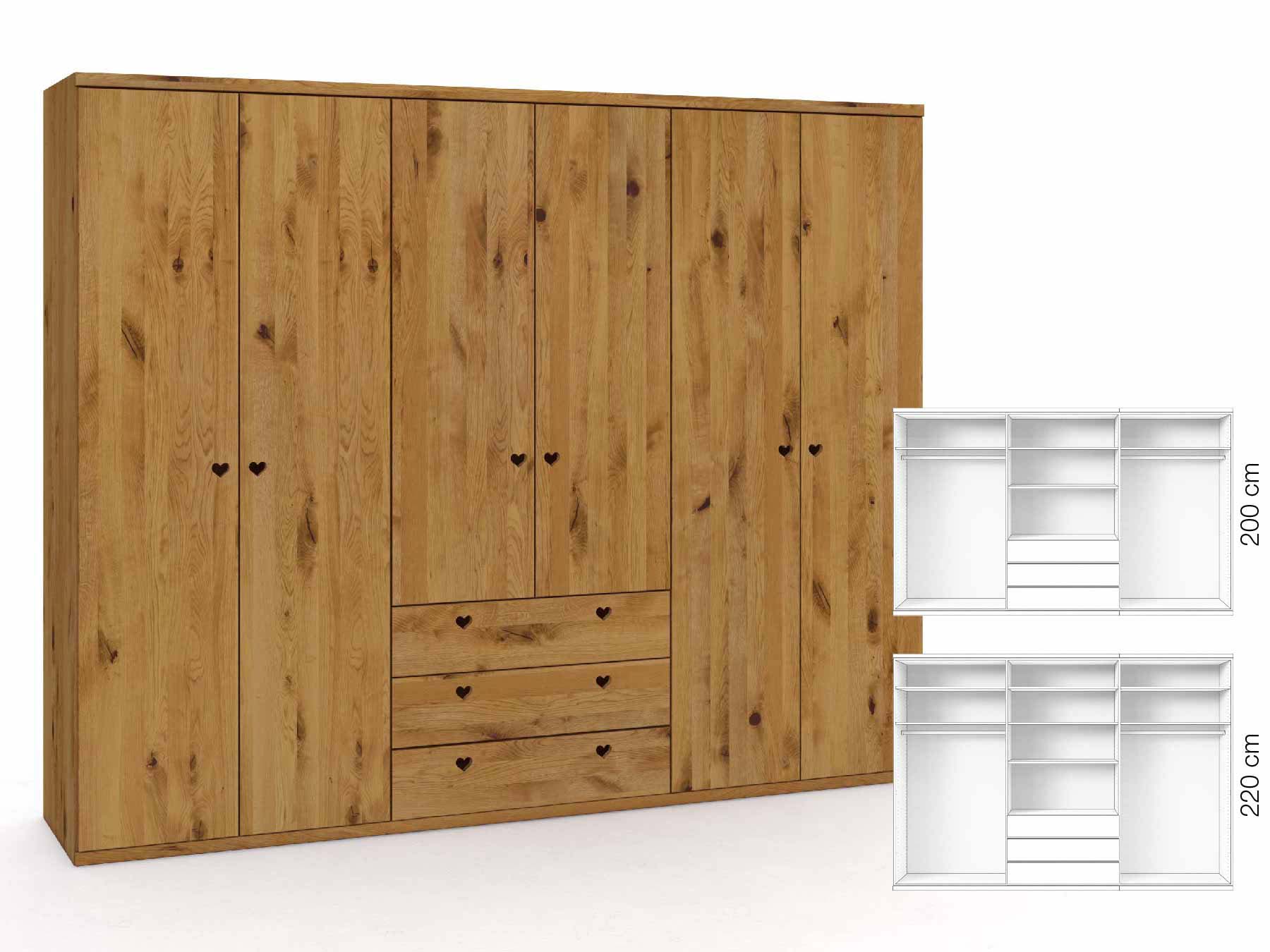 Wildeichenschrank „Romana“, 6-türig, Höhe 220 cm, Griffausführung „Heidi“, Inneneinrichtung: D