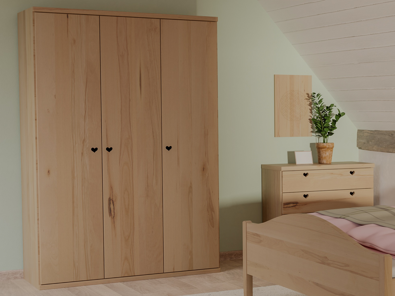 Buchenschrank „Romana“, 3-türig, Höhe 220 cm, Griffausführung „Heidi“, Inneneinrichtung: A