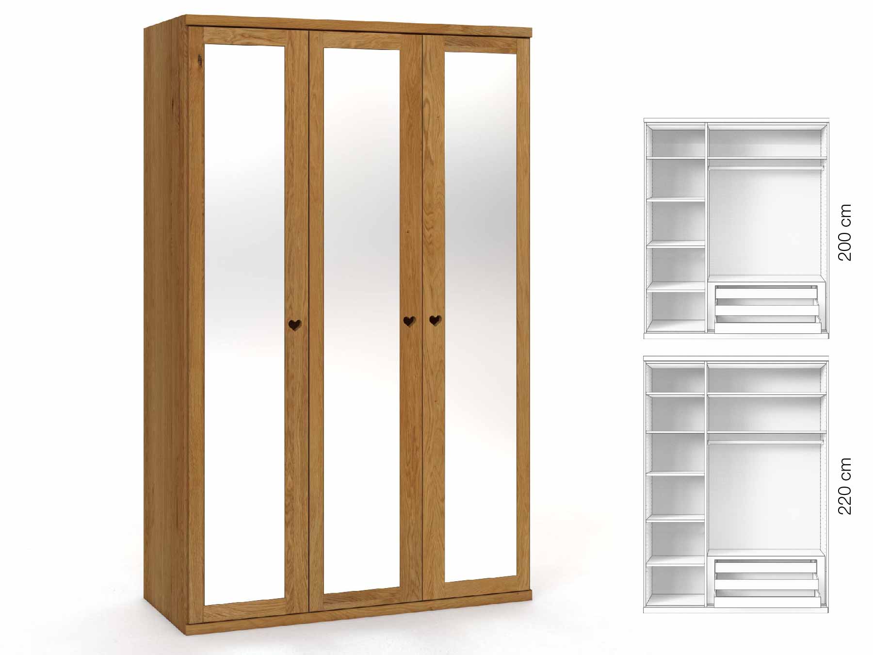 Eichenschrank „Sandra“, 3-türig, Höhe 220 cm, Griffausführung „Heidi“, Inneneinrichtung: C