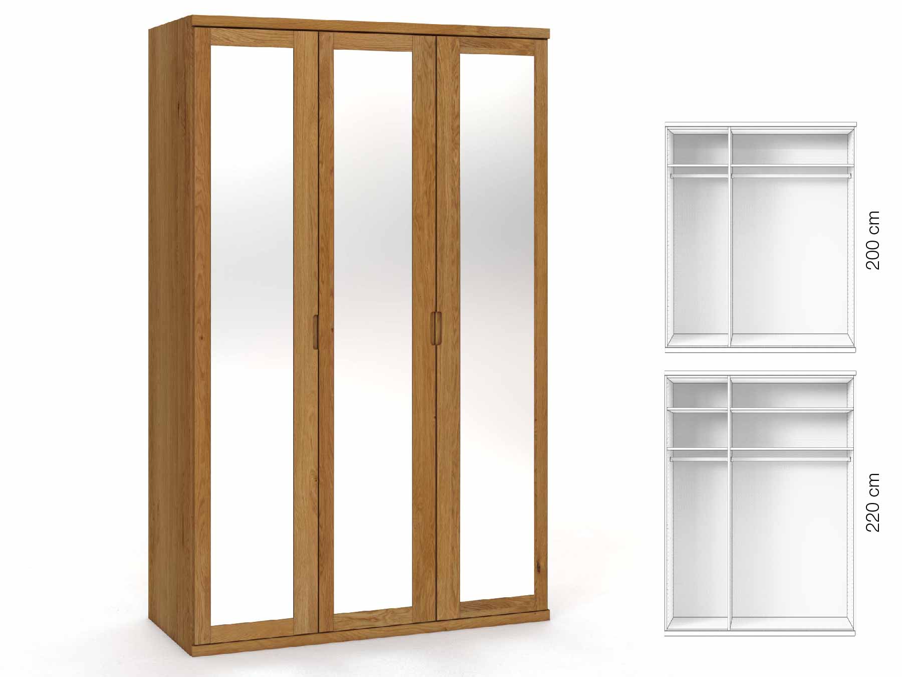Eichenschrank „Sandra“, 3-türig, Höhe 220 cm, Griffausführung „Lukas“, Inneneinrichtung: A