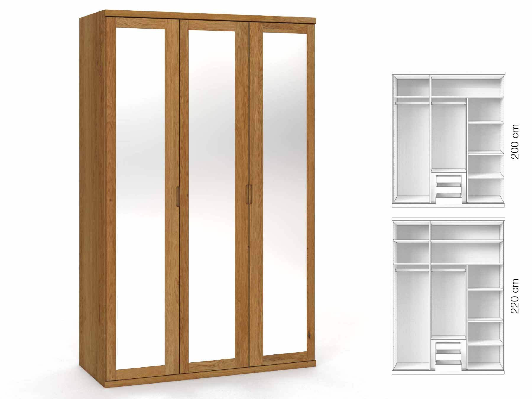 Eichenschrank „Sandra“, 3-türig, Höhe 220 cm, Griffausführung „Lukas“, Inneneinrichtung: D