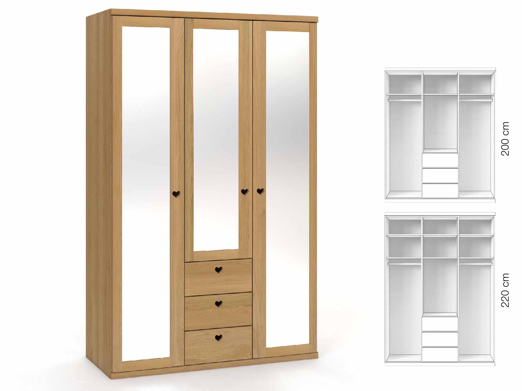 Eichenschrank Hell „Sandra“, 3-türig, Höhe 220 cm, Griffausführung „Heidi“, Inneneinrichtung: E