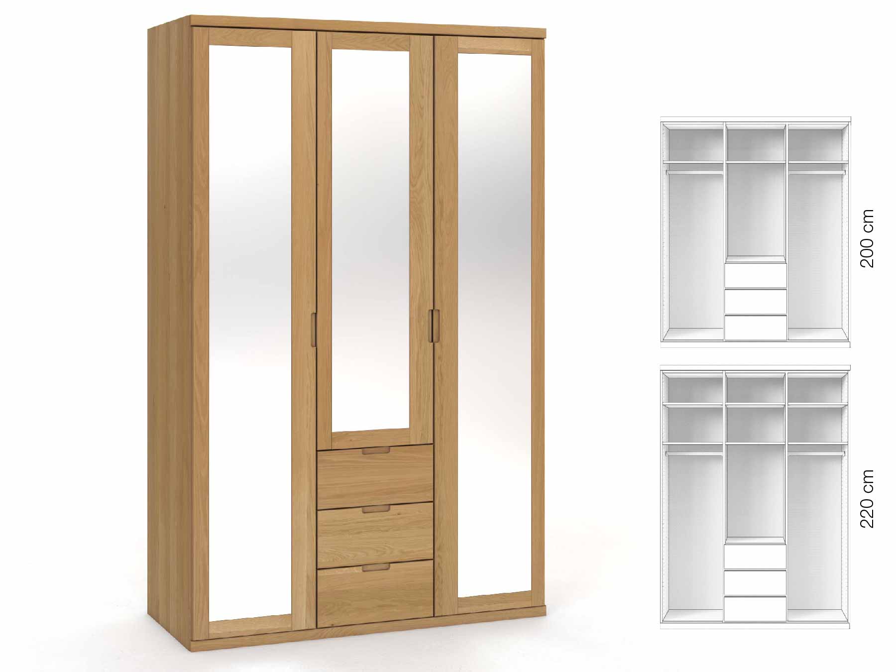 Eichenschrank Hell „Sandra“, 3-türig, Höhe 220 cm, Griffausführung „Lukas“, Inneneinrichtung: E