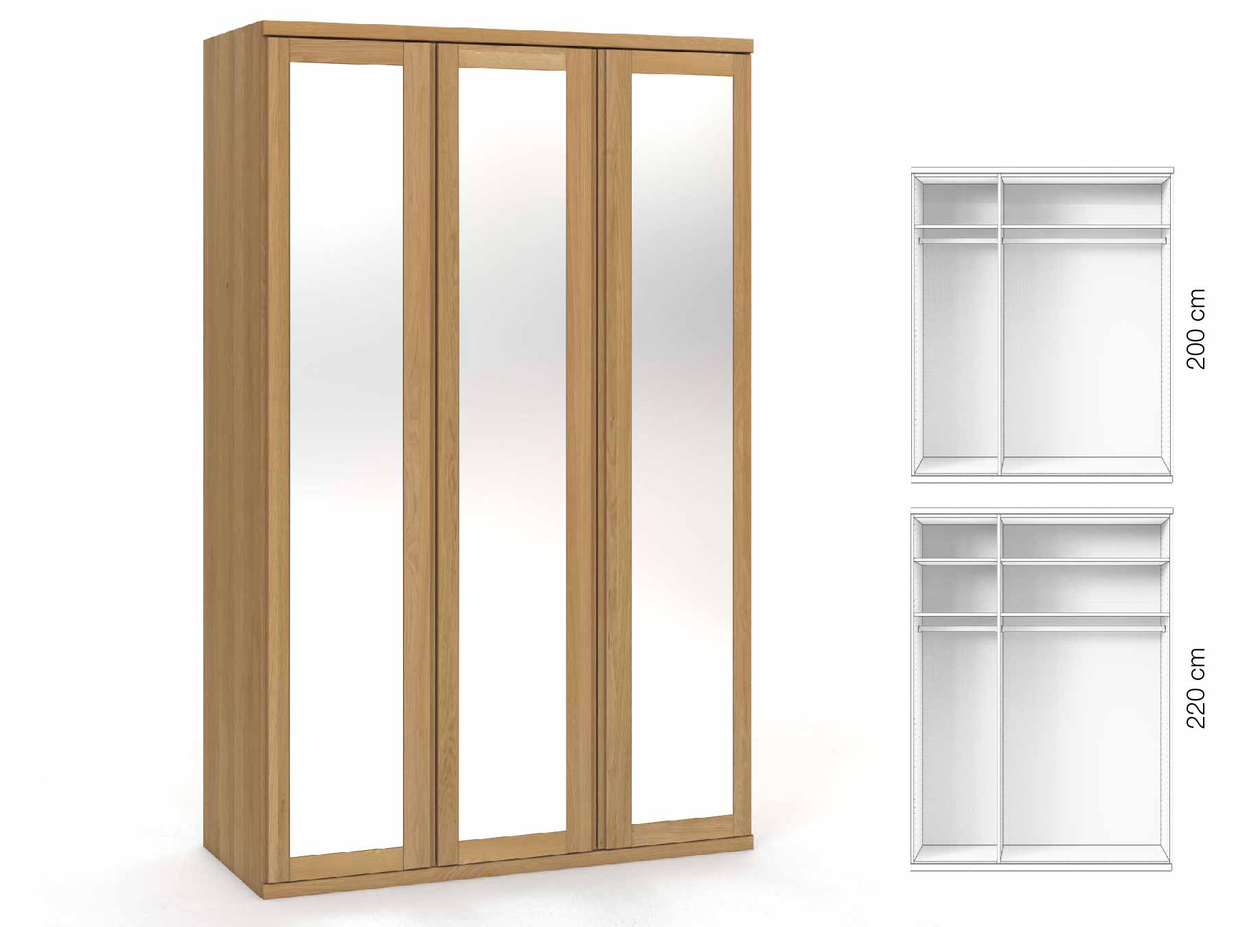 Eichenschrank Hell „Sandra“, 3-türig, Höhe 220 cm, Griffausführung „Patrizia“, Inneneinrichtung: A