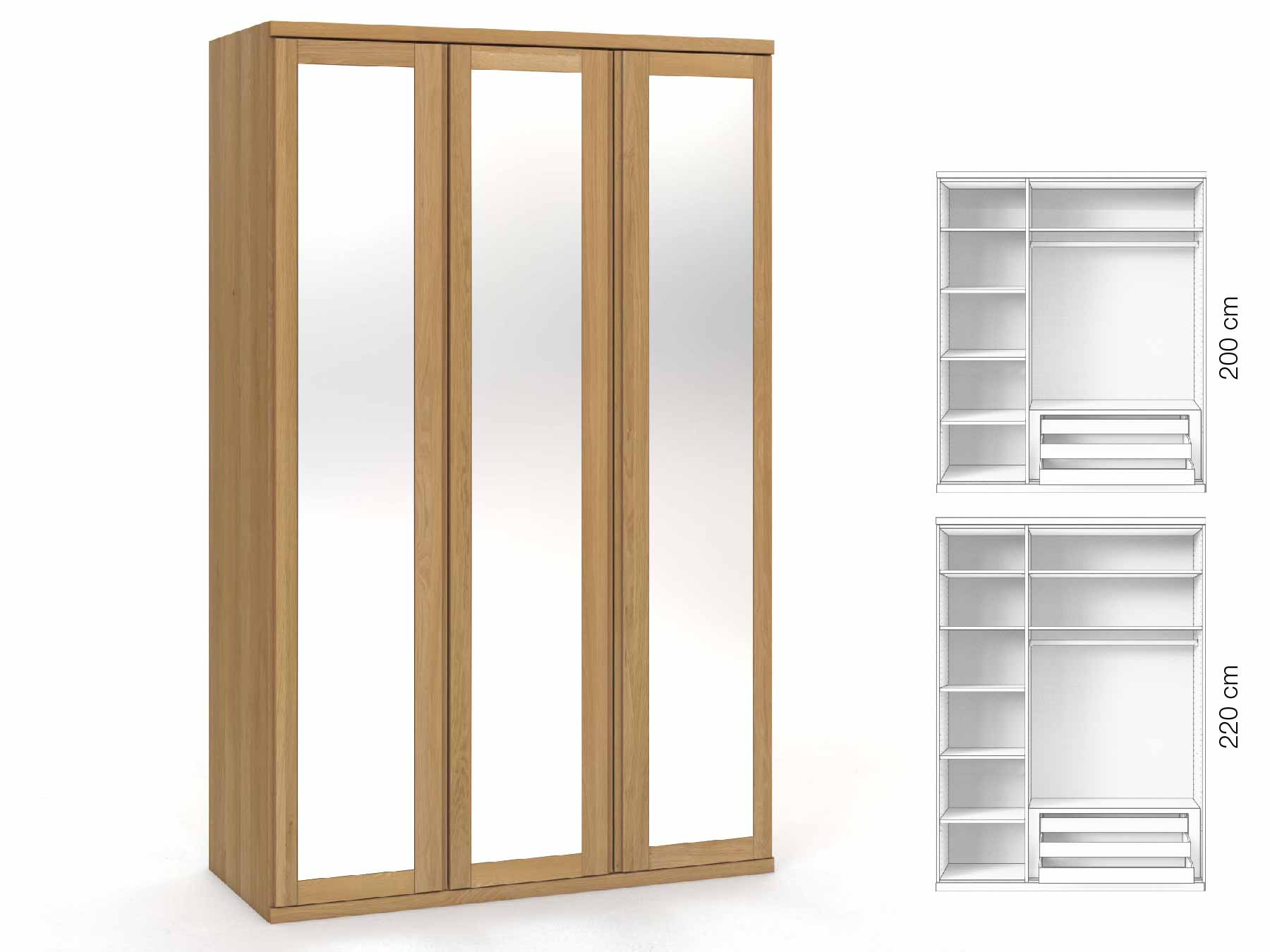 Eichenschrank Hell „Sandra“, 3-türig, Höhe 220 cm, Griffausführung „Patrizia“, Inneneinrichtung: C