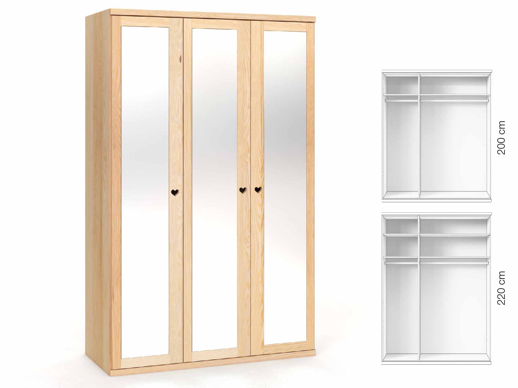 Eschenschrank „Sandra“, 3-türig, Höhe 220 cm, Griffausführung „Heidi“, Inneneinrichtung: A