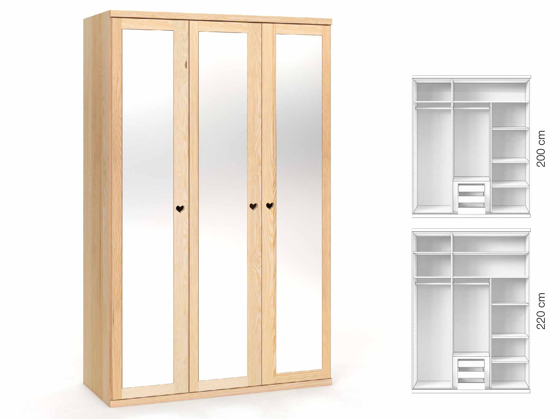 Eschenschrank „Sandra“, 3-türig, Höhe 220 cm, Griffausführung „Heidi“, Inneneinrichtung: D