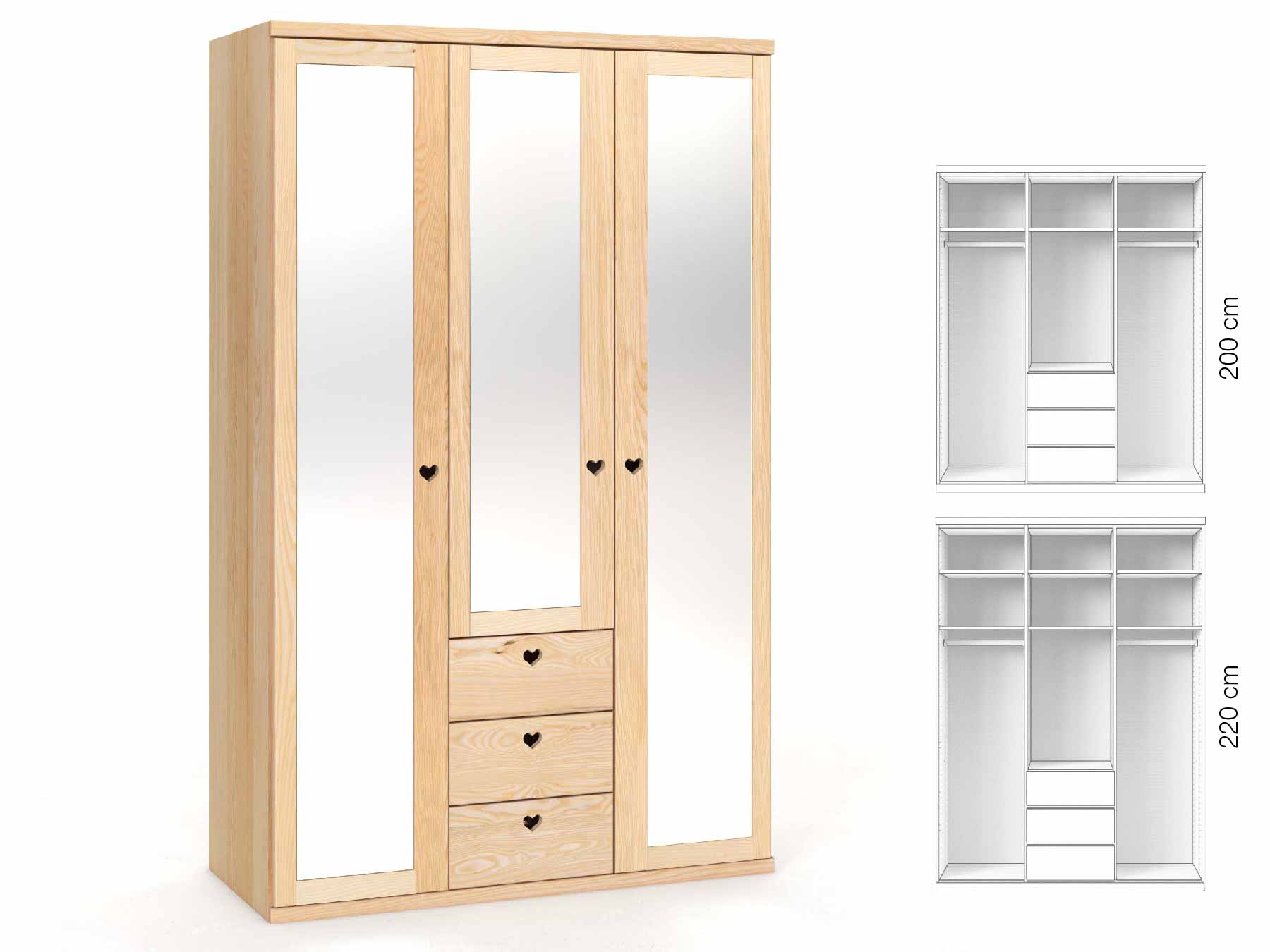 Eschenschrank „Sandra“, 3-türig, Höhe 220 cm, Griffausführung „Heidi“, Inneneinrichtung: E
