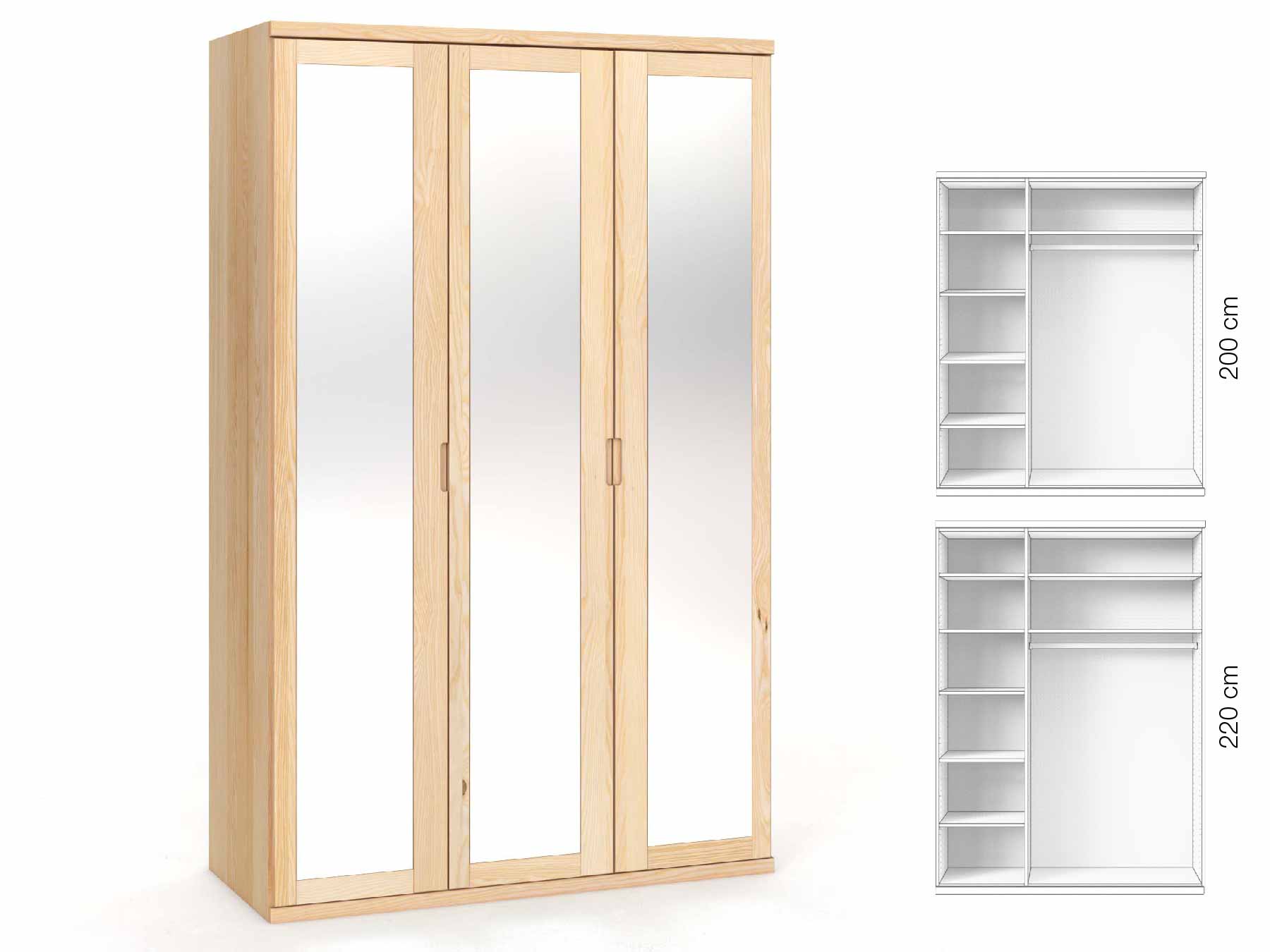 Eschenschrank „Sandra“, 3-türig, Höhe 220 cm, Griffausführung „Lukas“, Inneneinrichtung: B