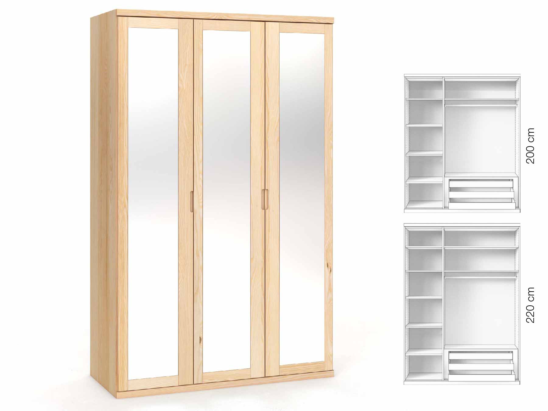 Eschenschrank „Sandra“, 3-türig, Höhe 220 cm, Griffausführung „Lukas“, Inneneinrichtung: C