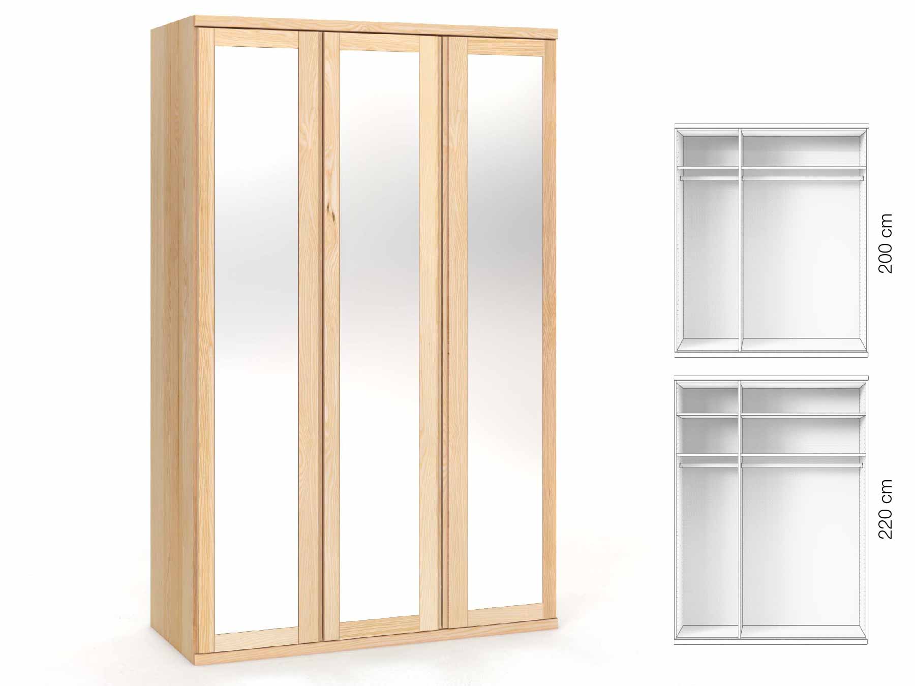 Eschenschrank „Sandra“, 3-türig, Höhe 220 cm, Griffausführung „Patrizia“, Inneneinrichtung: A