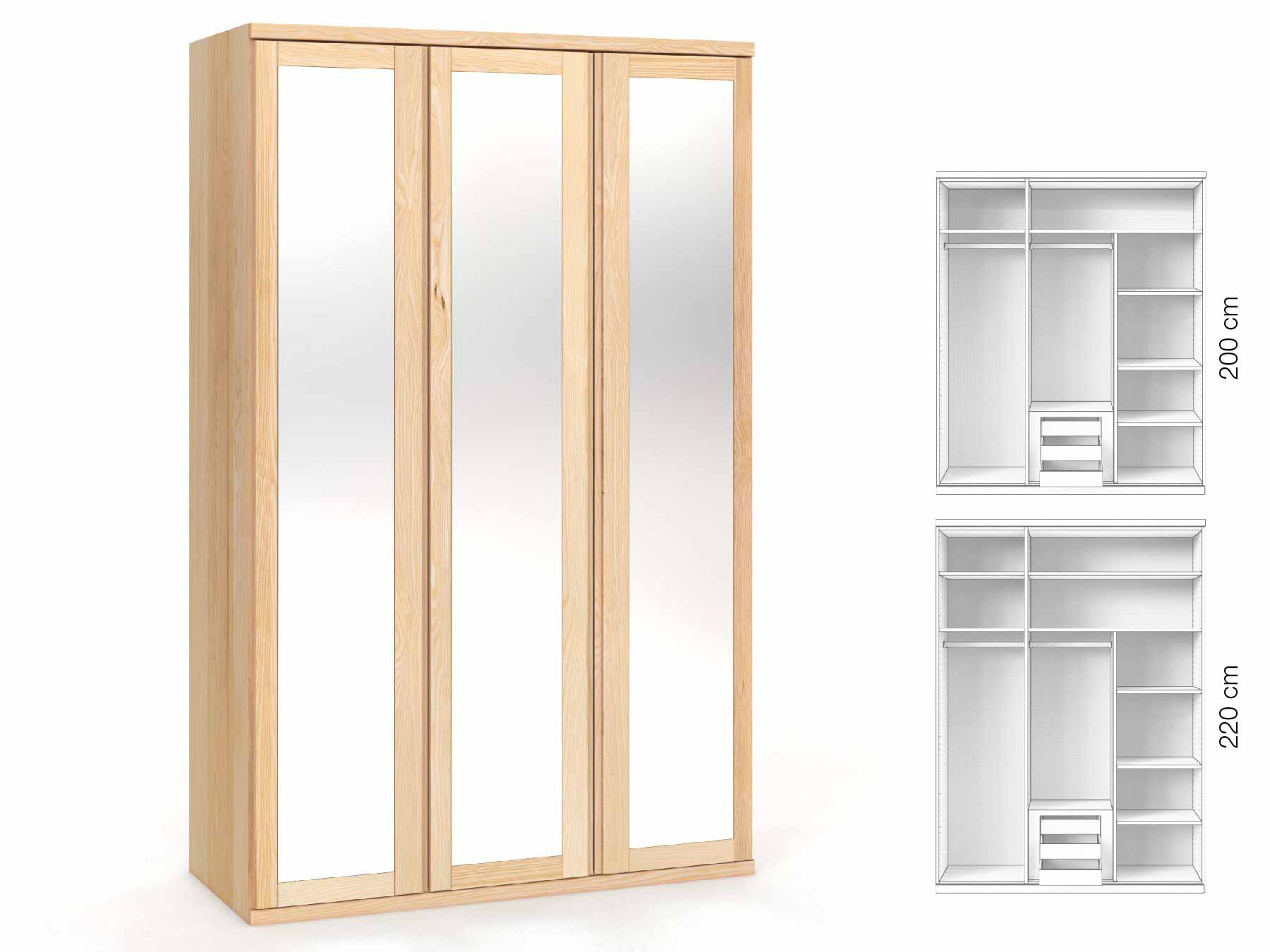 Eschenschrank „Sandra“, 3-türig, Höhe 220 cm, Griffausführung „Patrizia“, Inneneinrichtung: D