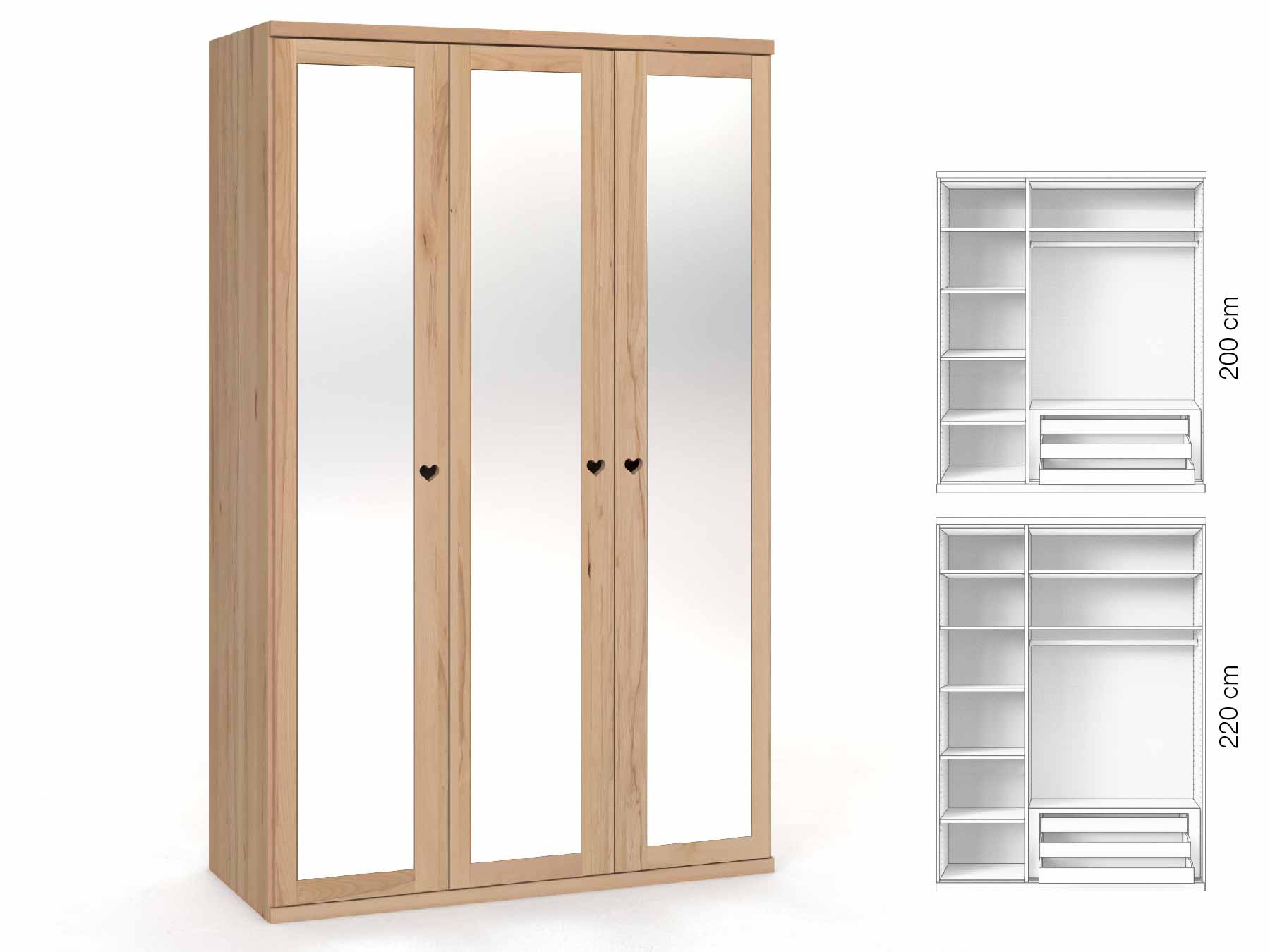 Buchenschrank „Sandra“, 3-türig, Höhe 220 cm, Griffausführung „Heidi“, Inneneinrichtung: C