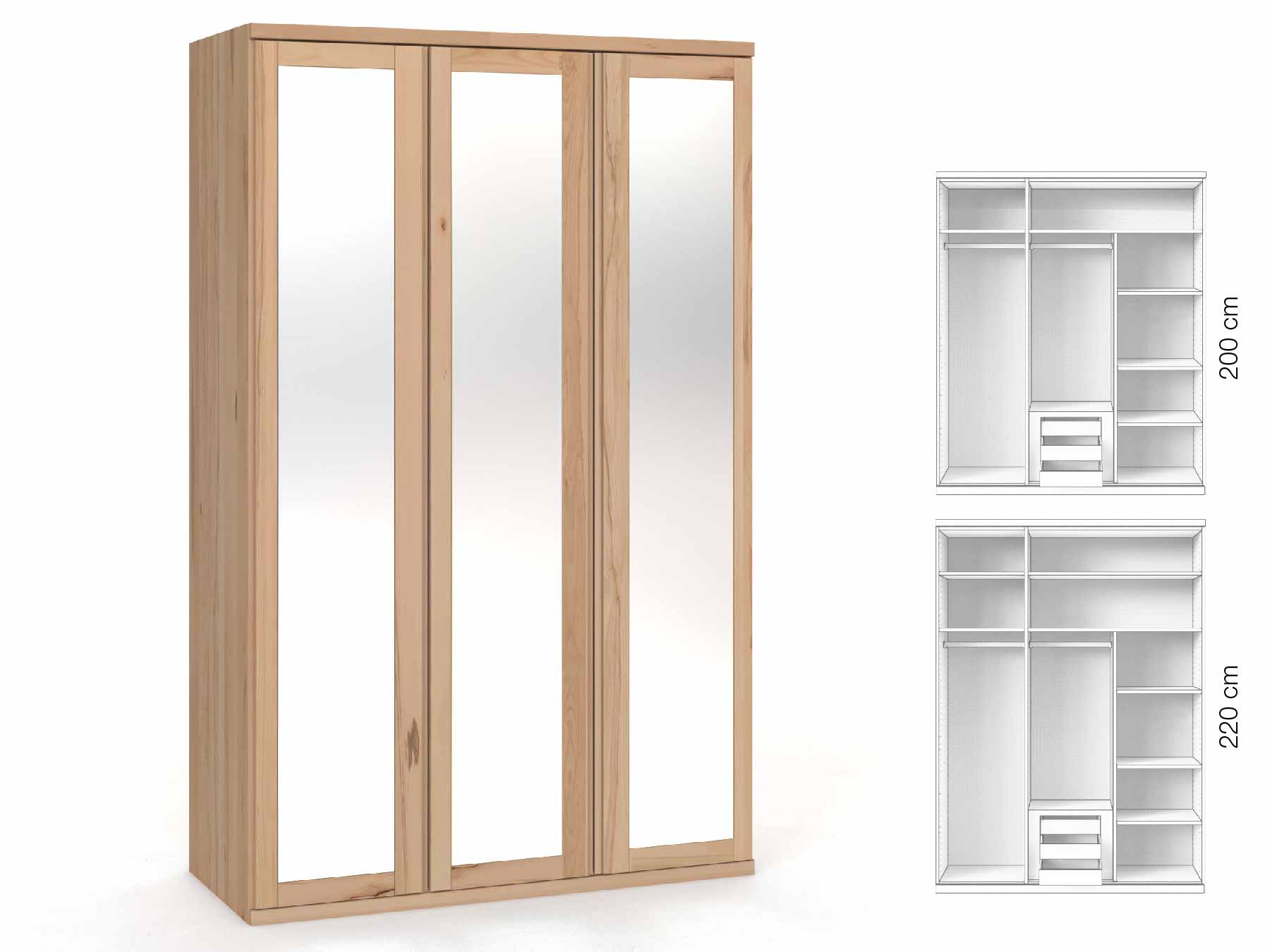 Buchenschrank „Sandra“, 3-türig, Höhe 220 cm, Griffausführung „Patrizia“, Inneneinrichtung: D