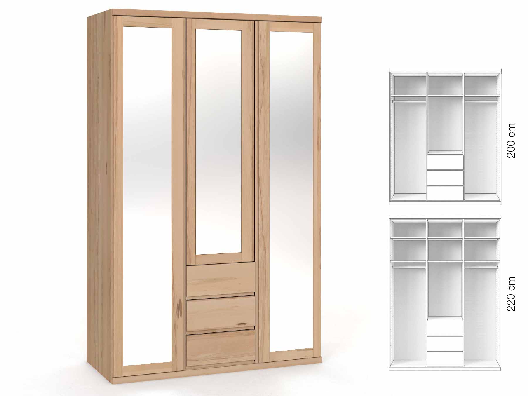 Buchenschrank „Sandra“, 3-türig, Höhe 220 cm, Griffausführung „Patrizia“, Inneneinrichtung: E