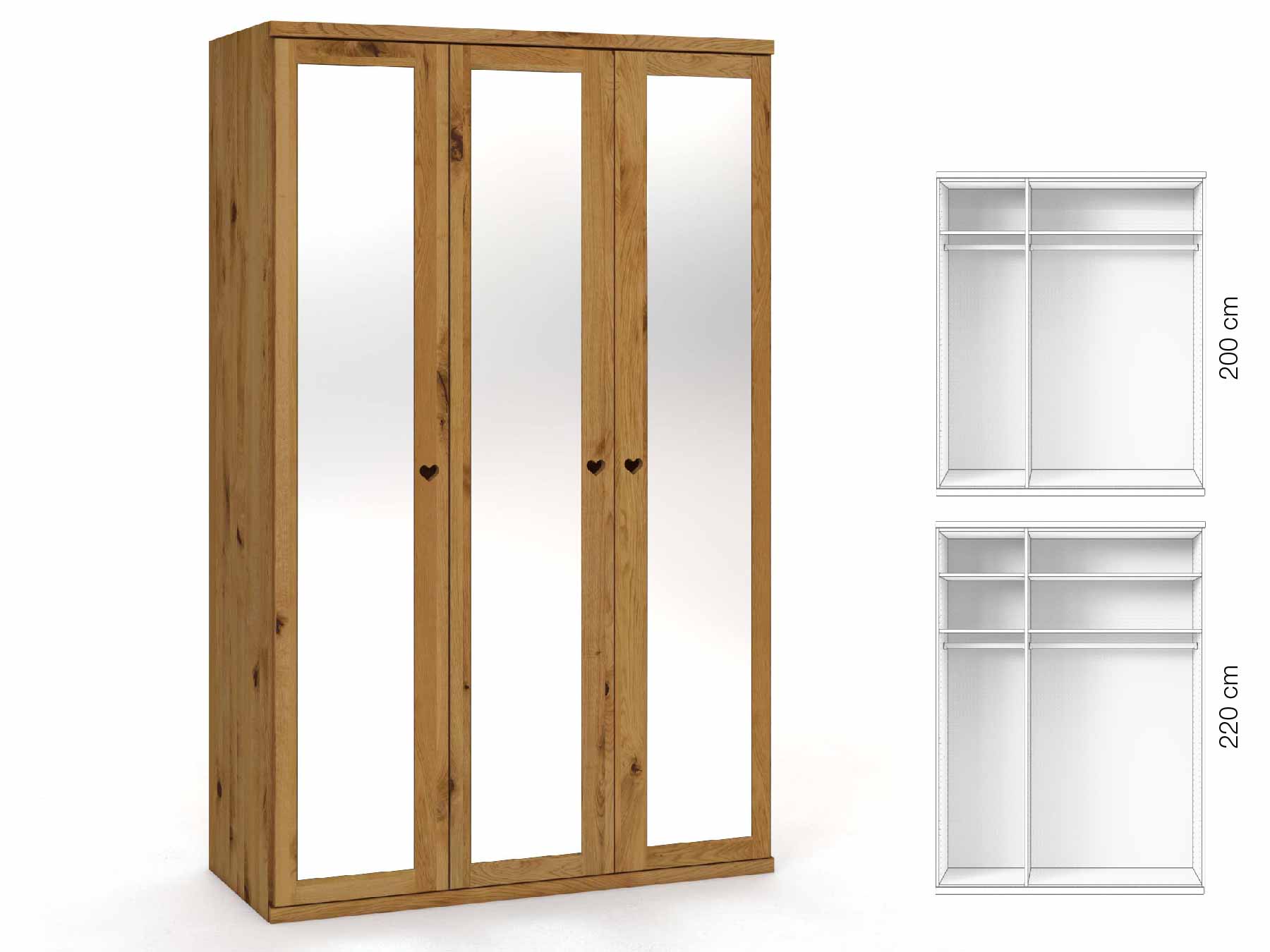 Wildeichenschrank „Sandra“, 3-türig, Höhe 220 cm, Griffausführung „Heidi“, Inneneinrichtung: A