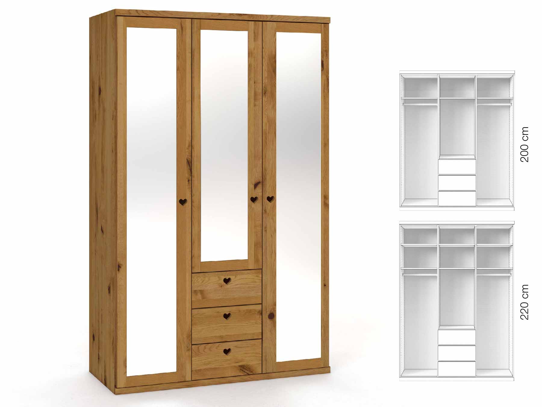 Wildeichenschrank „Sandra“, 3-türig, Höhe 220 cm, Griffausführung „Heidi“, Inneneinrichtung: E