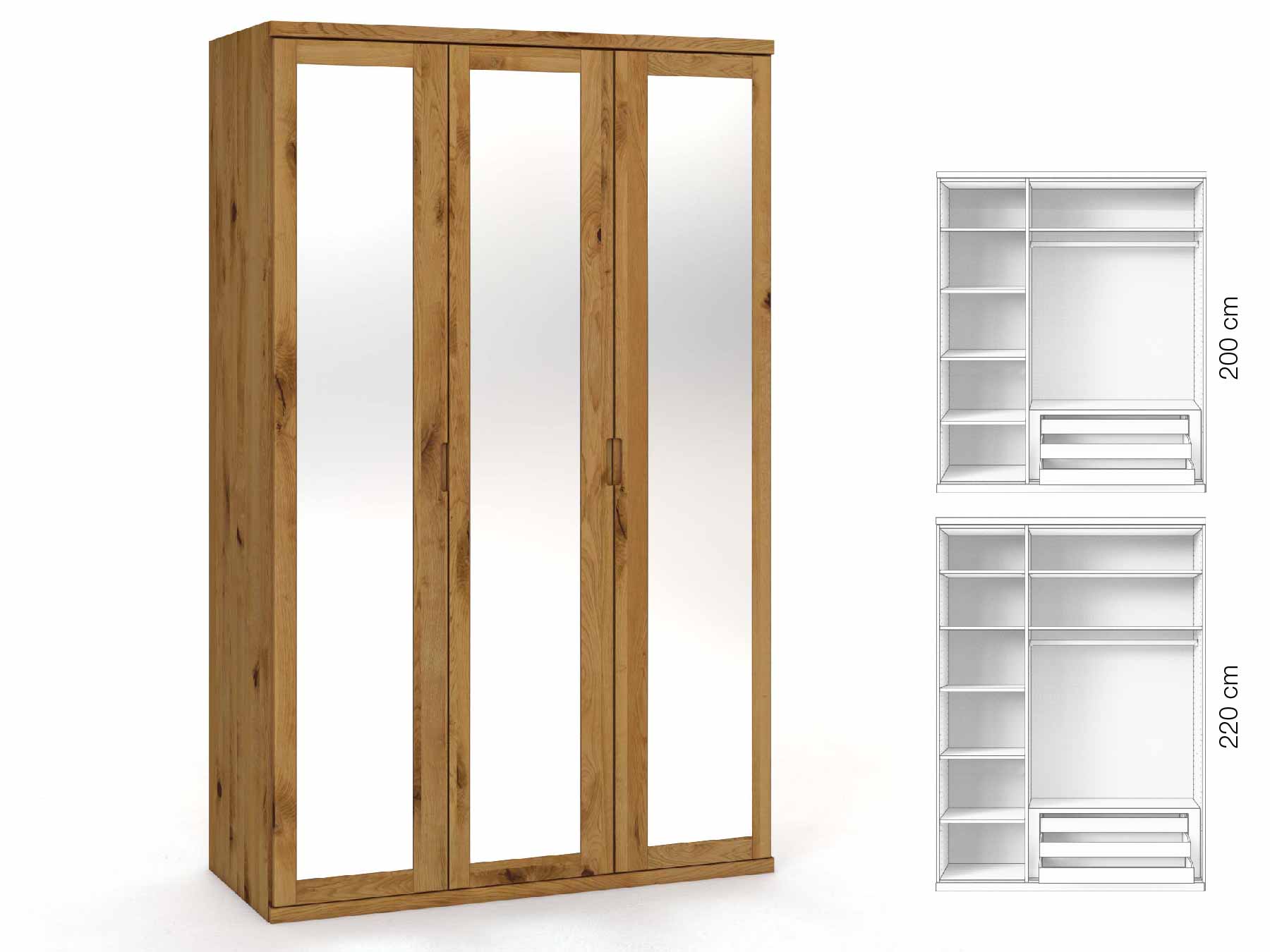 Wildeichenschrank „Sandra“, 3-türig, Höhe 220 cm, Griffausführung „Lukas“, Inneneinrichtung: C