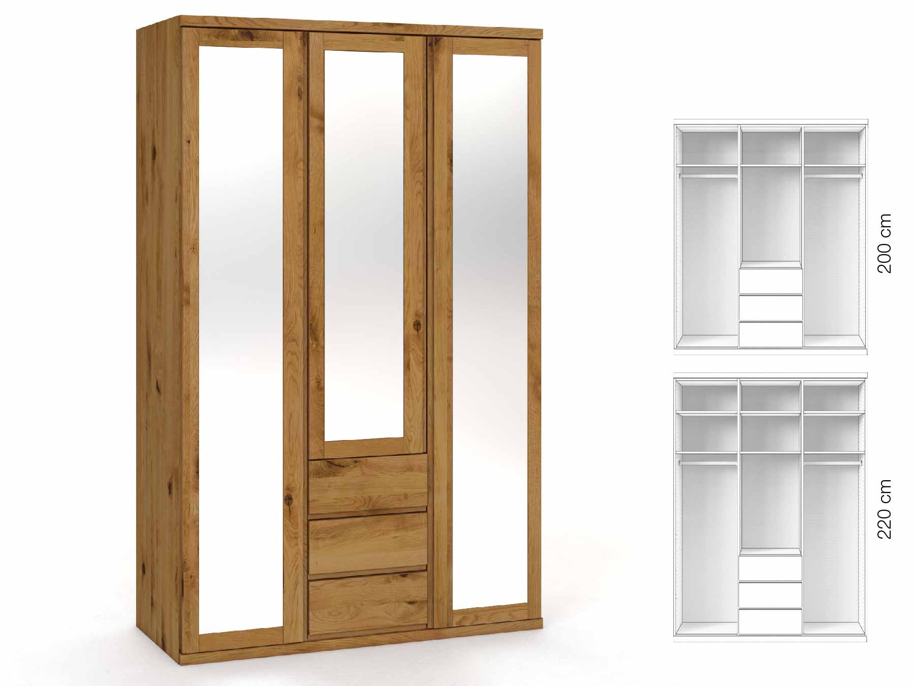 Wildeichenschrank „Sandra“, 3-türig, Höhe 220 cm, Griffausführung „Patrizia“, Inneneinrichtung: E