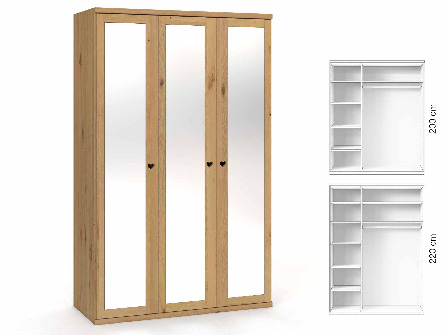 Wildeichenschrank Hell „Sandra“, 3-türig, Höhe 220 cm, Griffausführung „Heidi“, Inneneinrichtung: B