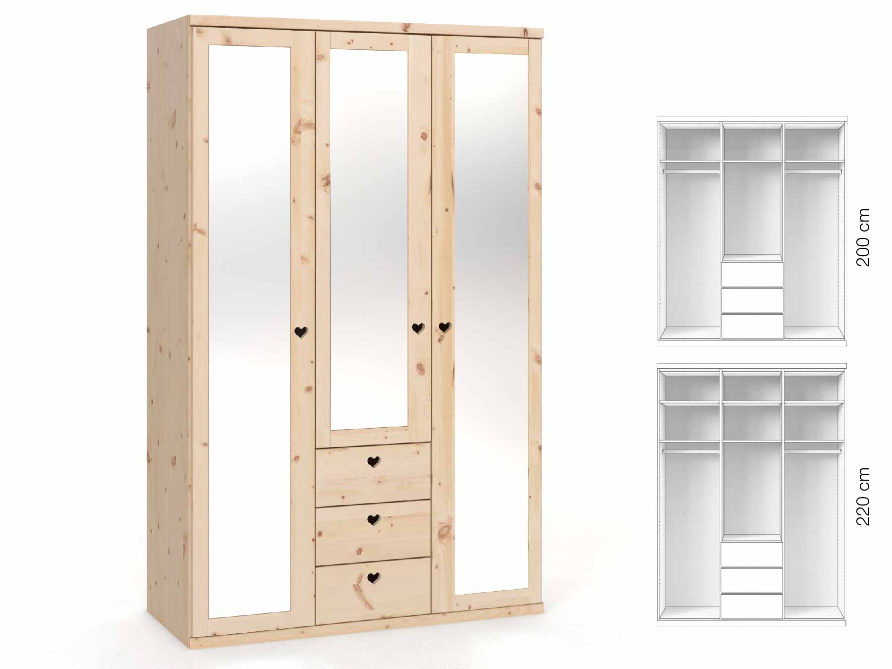 Zirbenschrank „Sandra“, 3-türig, Höhe 220 cm, Griffausführung „Heidi“, Inneneinrichtung: E