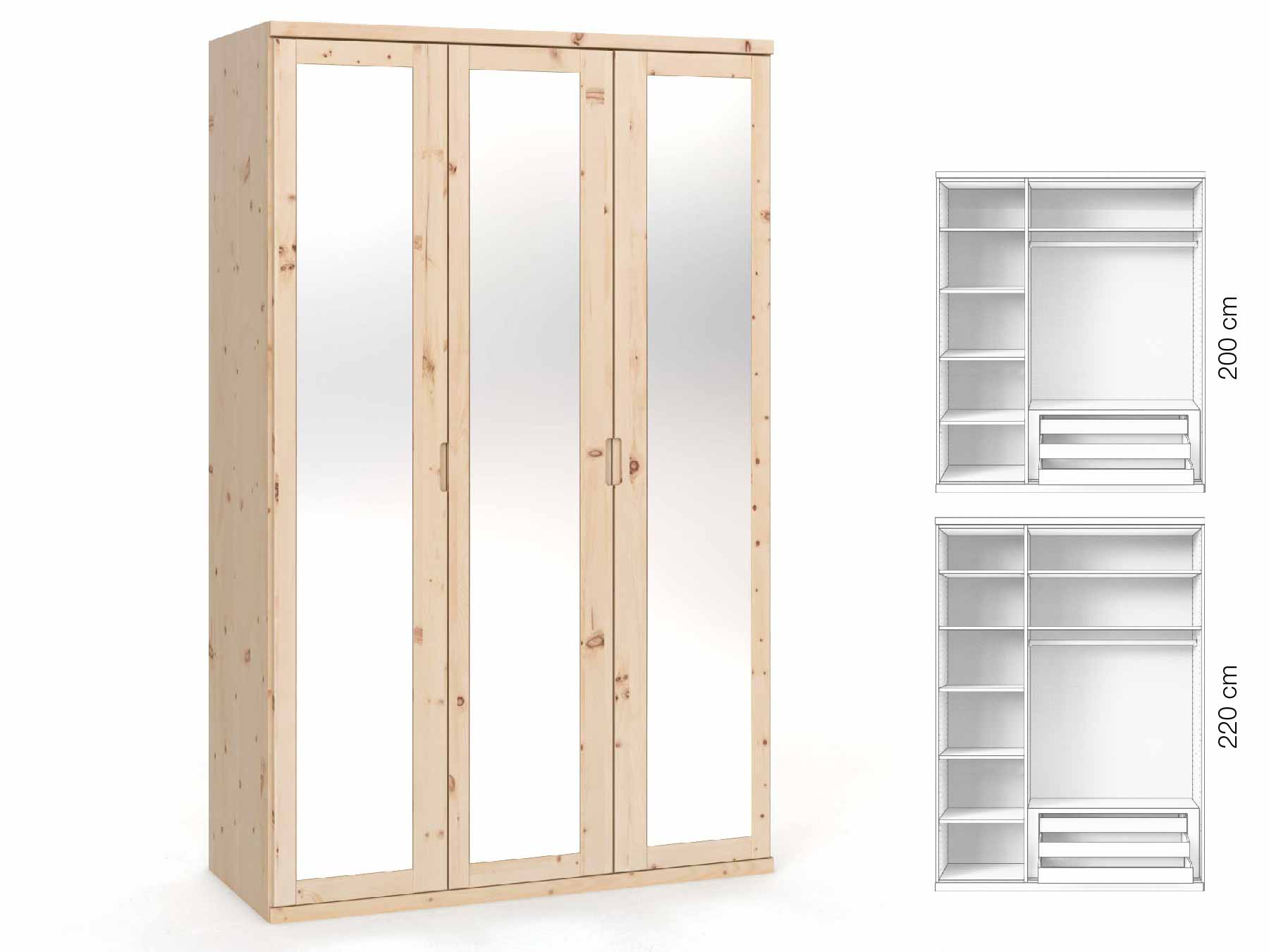 Zirbenschrank „Sandra“, 3-türig, Höhe 220 cm, Griffausführung „Lukas“, Inneneinrichtung: C