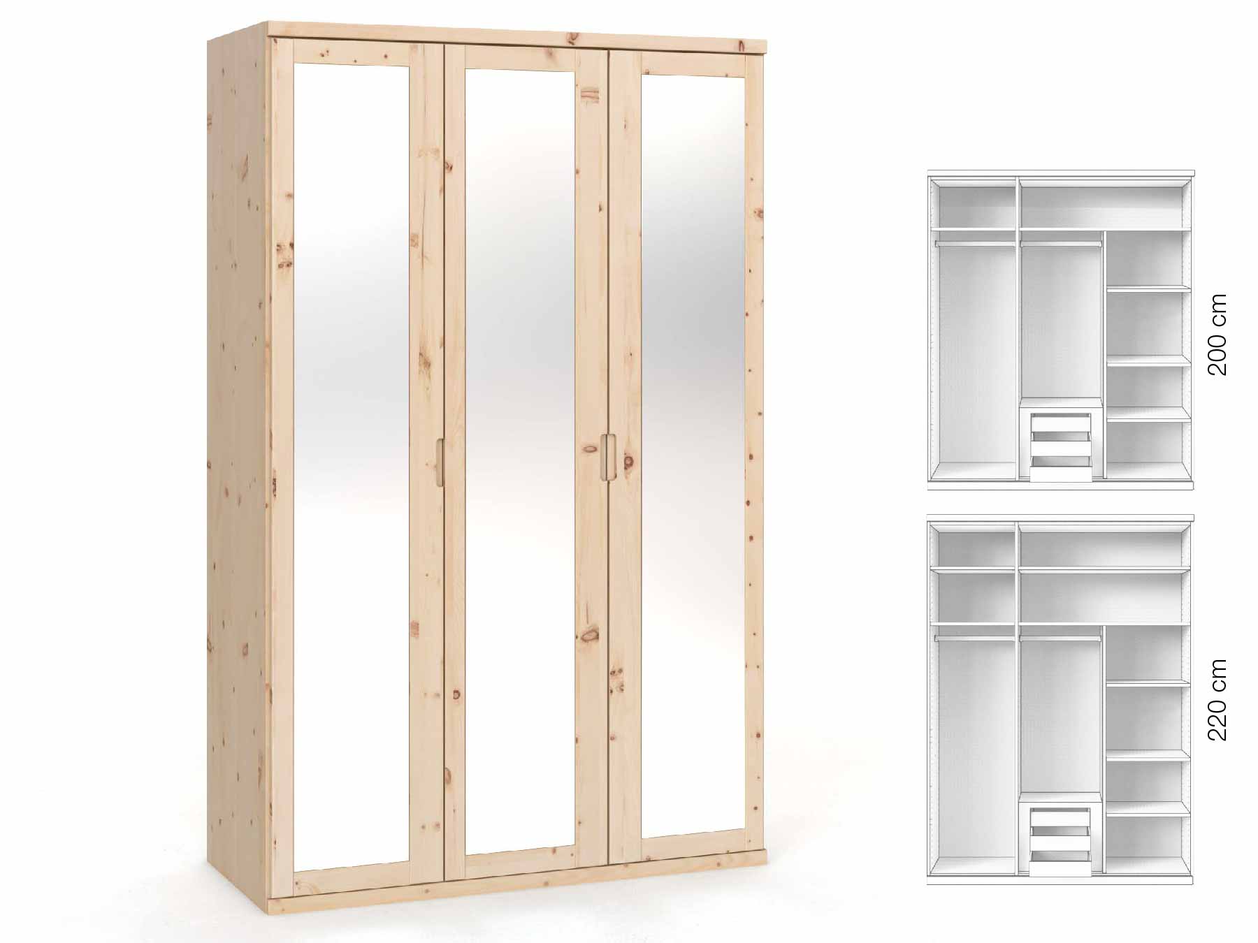 Zirbenschrank „Sandra“, 3-türig, Höhe 220 cm, Griffausführung „Lukas“, Inneneinrichtung: D